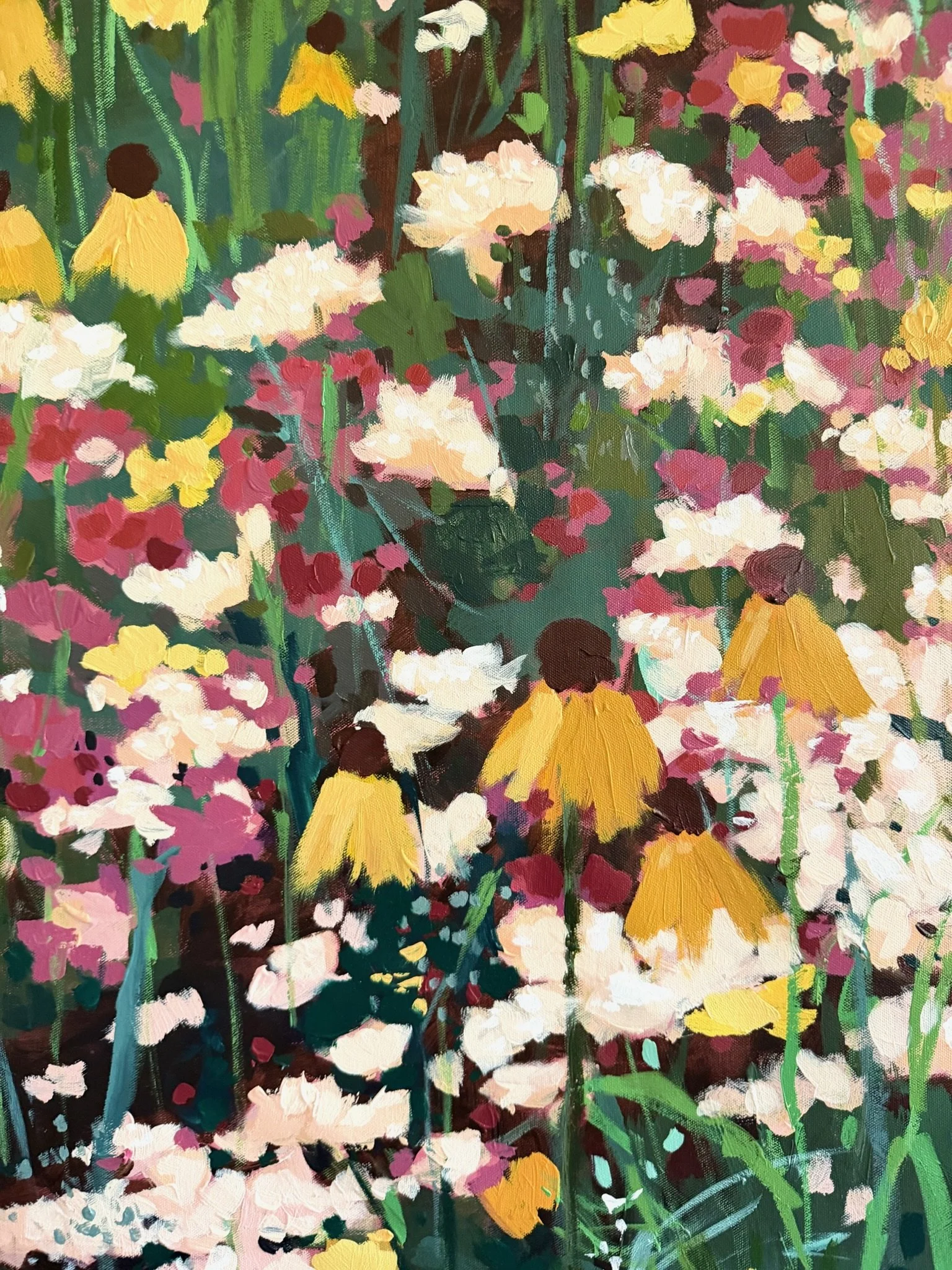 Close-up of textured brushwork in a wildflower painting by Cheyenne Trunnell.