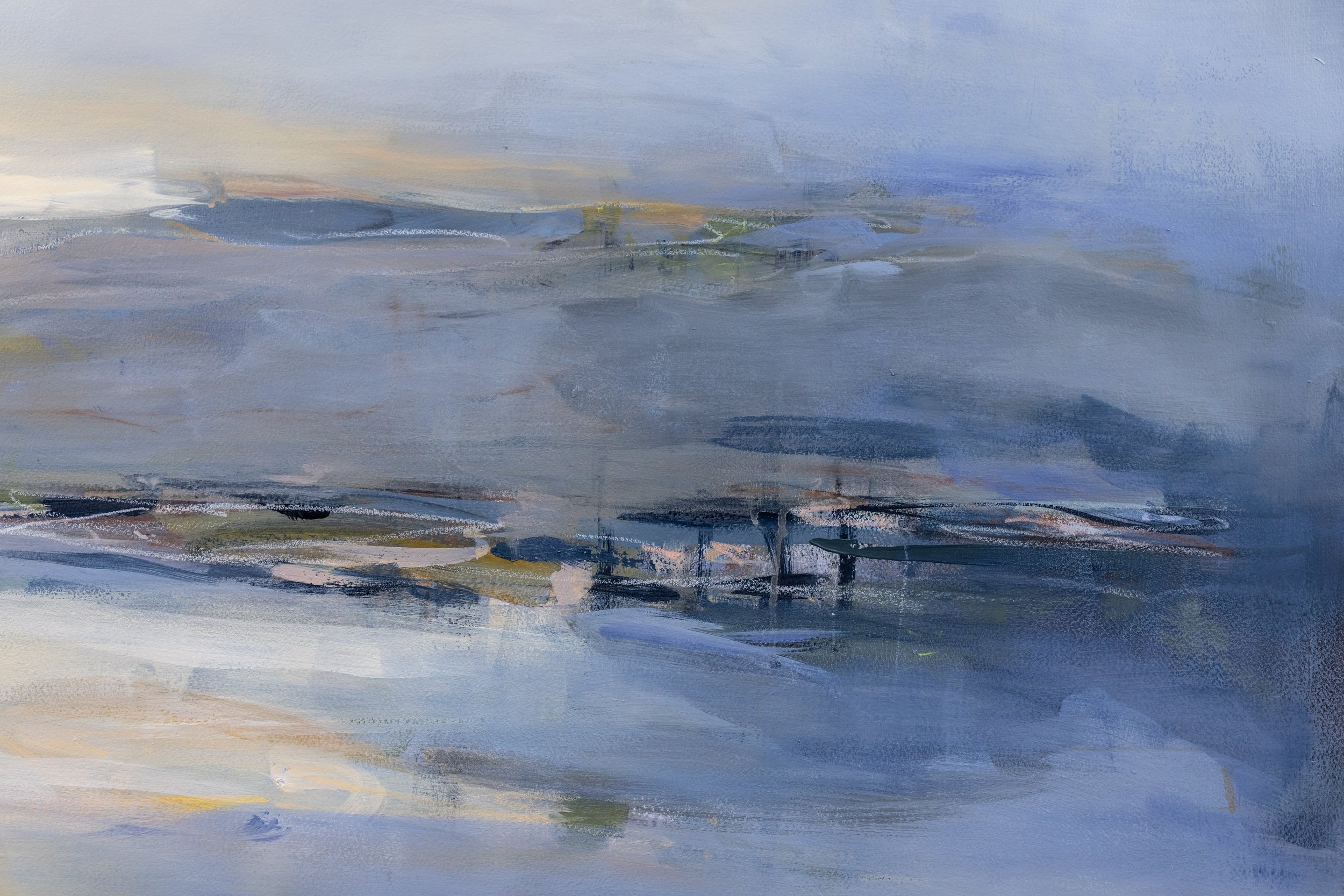Original mixed media landscape painting by Asheville artist Cheyenne Trunnell depicting up close details of an early morning sunrise over the ocean, unframed, 37.5x45 inches.