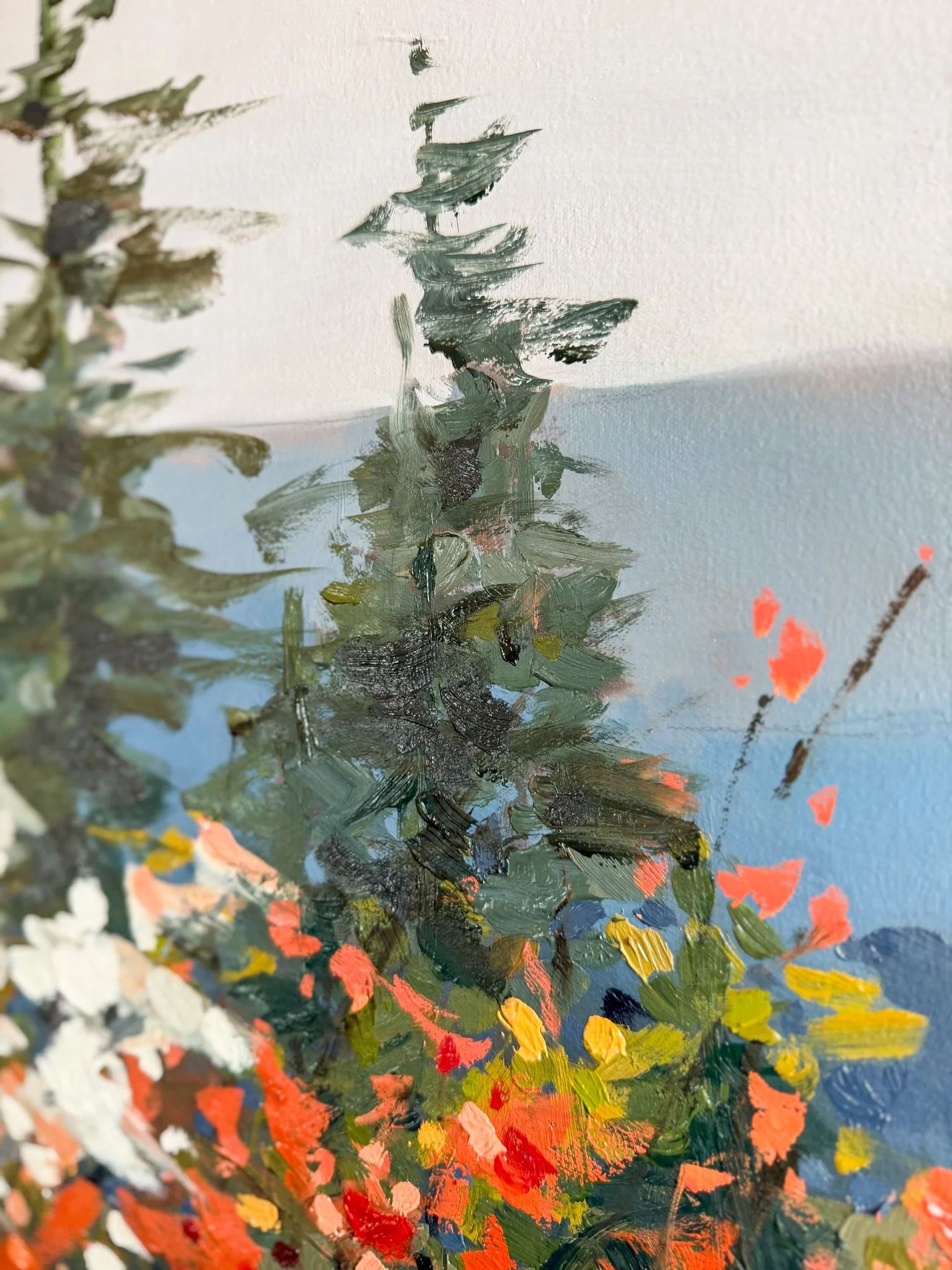 Oil painting detail of a pine tree rising against soft blue mountain layers, with warm spring colors and loose impressionistic brushstrokes suggesting quiet morning light.