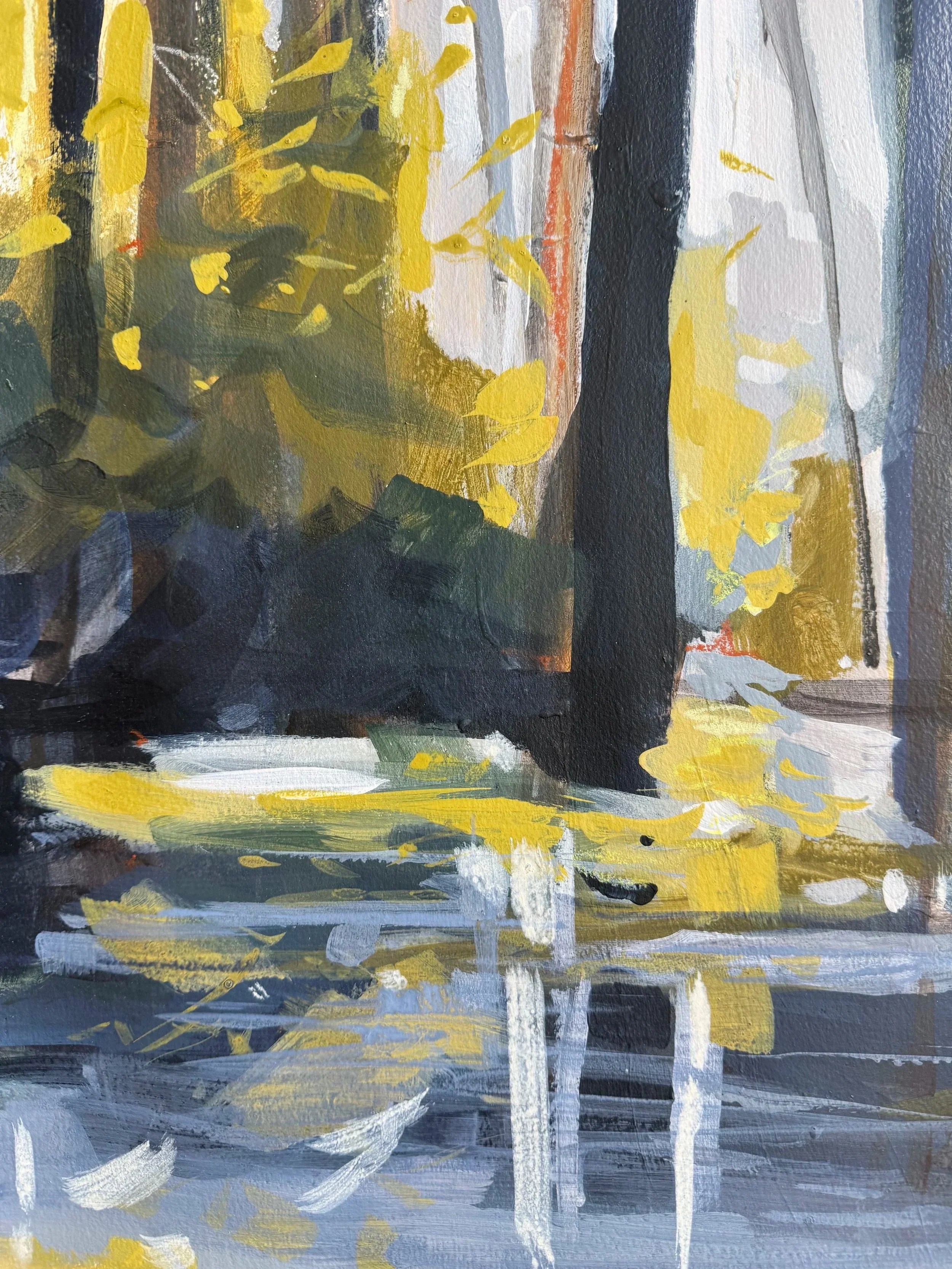 Close-up of golden brushstrokes and layered shadows from Cheyenne Trunnell’s Late Summer Study acrylic painting.
