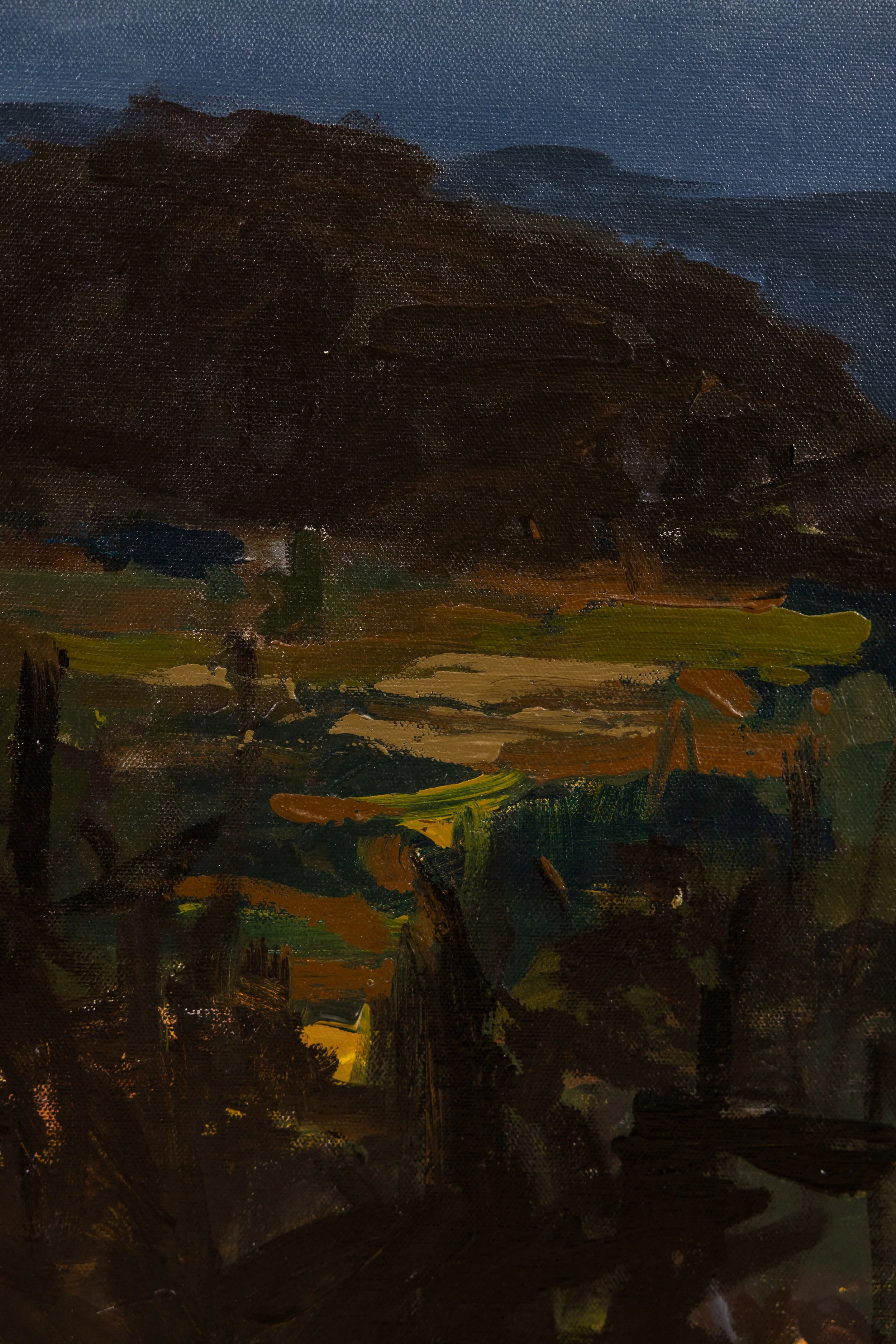 Close-up detail of original oil landscape painting by Asheville artist Cheyenne Trunnell featuring expressive brushwork and layered greens and earth tones in the foreground, framed.