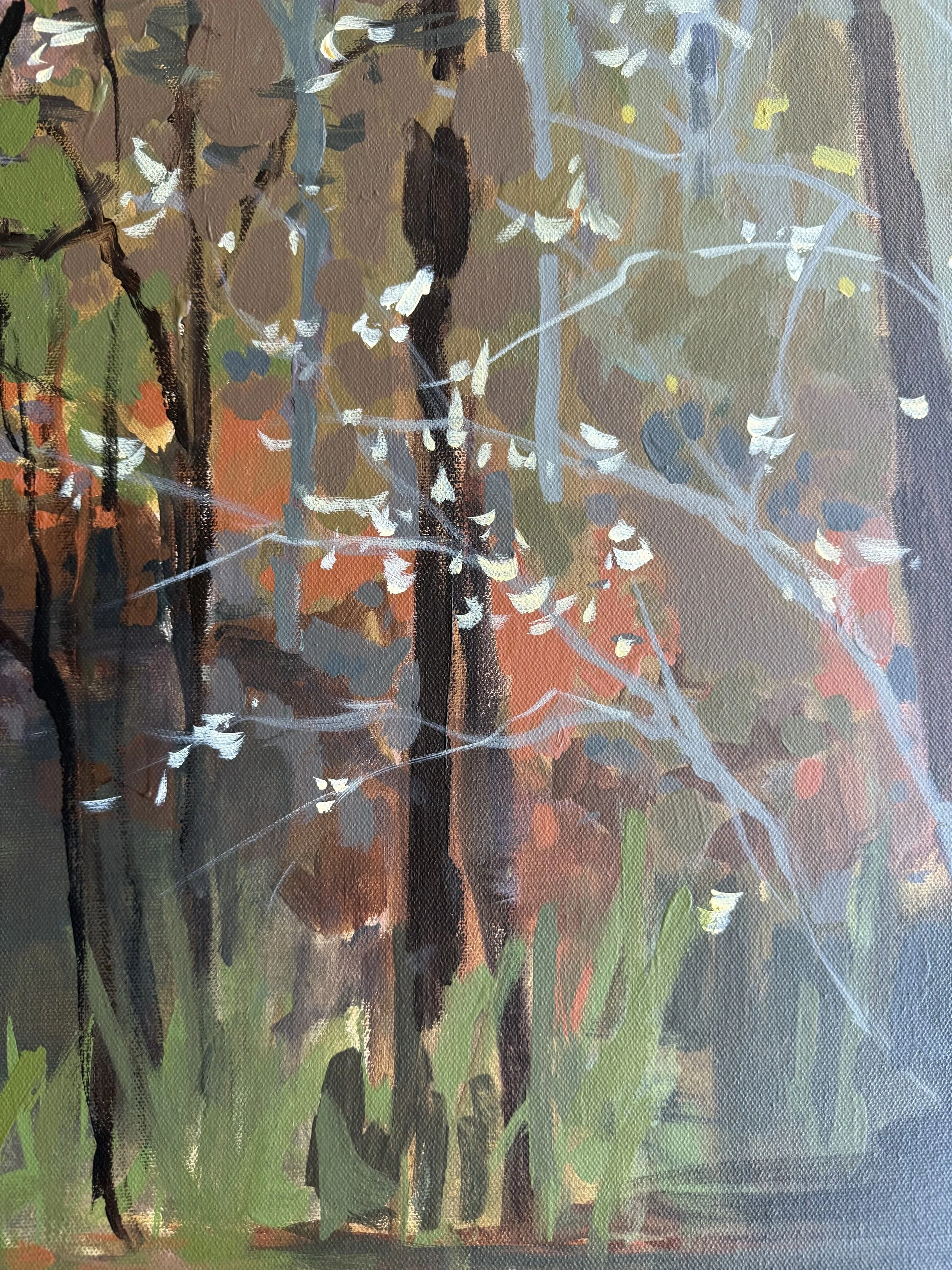 Detail of Our Hearts Are Restless Until They Rest in Thee by Cheyenne Trunnell, showing layered tree trunks, pale branches, and expressive rust, green, and blue-gray brushwork.