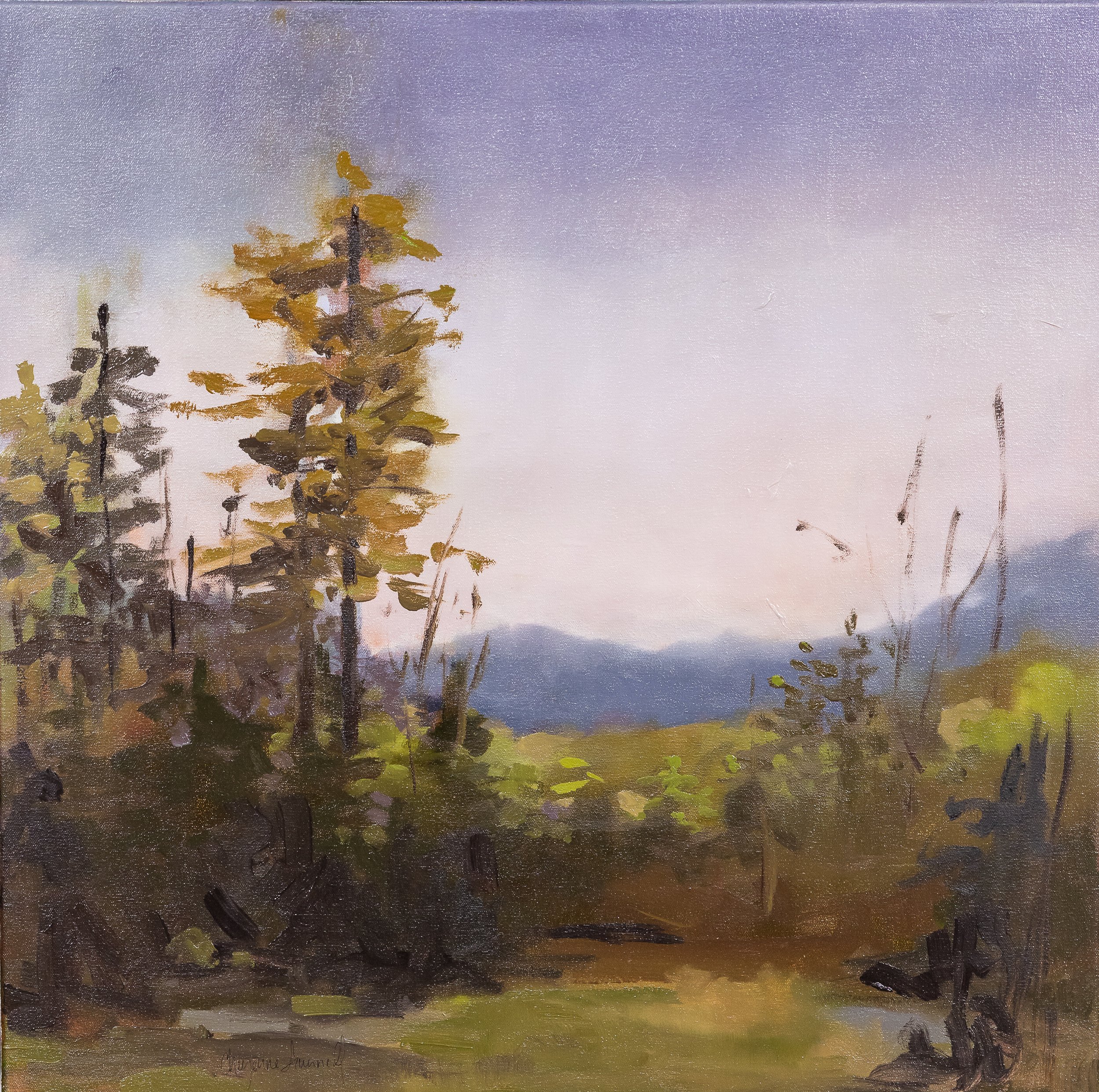 Original oil landscape painting by Asheville artist Cheyenne Trunnell showing warm light spreading across soft hills and sky, symbolizing presence and quiet reflection, framed, 24x24 inches.
