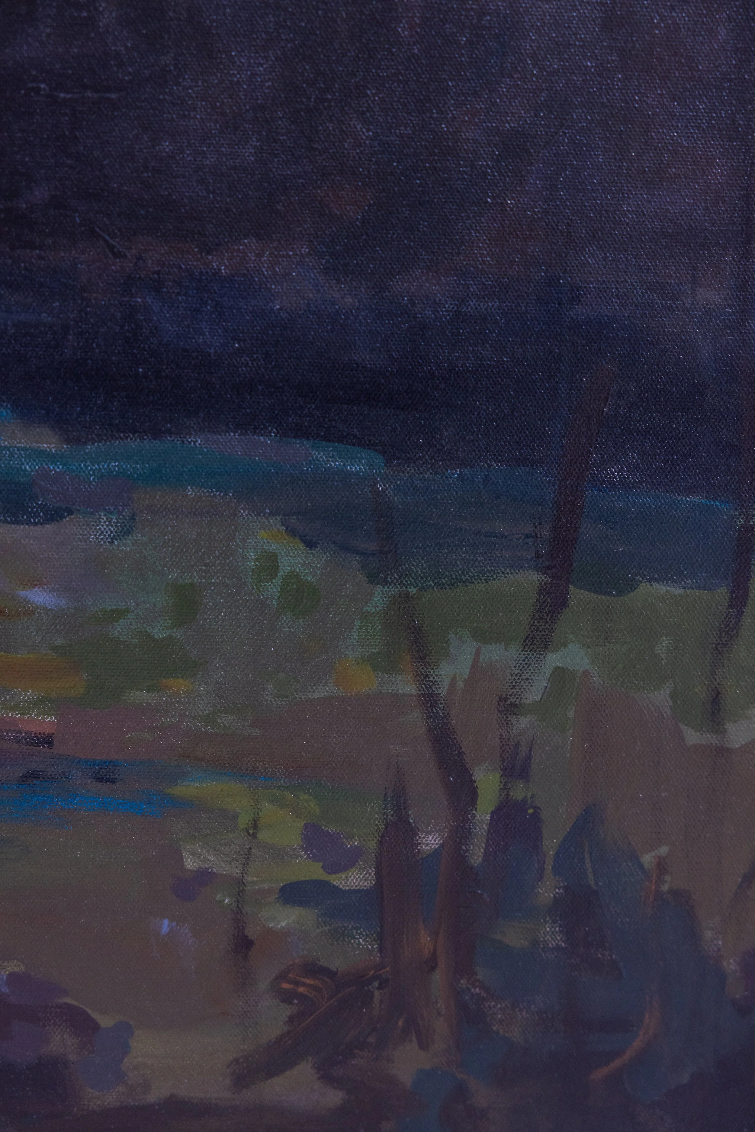 Close-up detail of original acrylic landscape painting by Asheville artist Cheyenne Trunnell featuring expressive brushwork and layered earth tones in the foreground, framed.