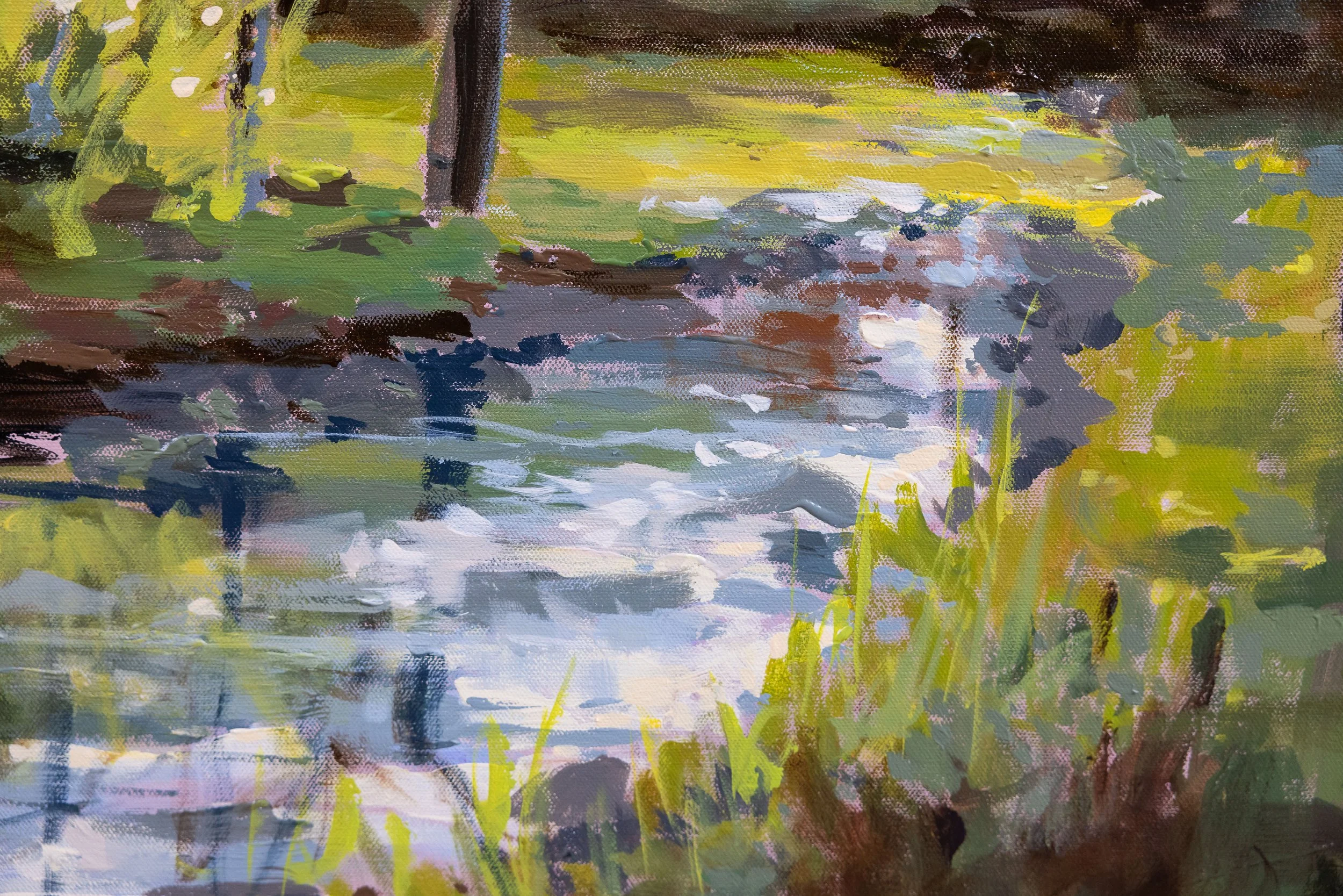 Detail of original oil landscape painting showing a gently flowing stream bordered by grasses and mossy ground, painted with layered brushstrokes and spring green tones by Cheyenne Trunnell.