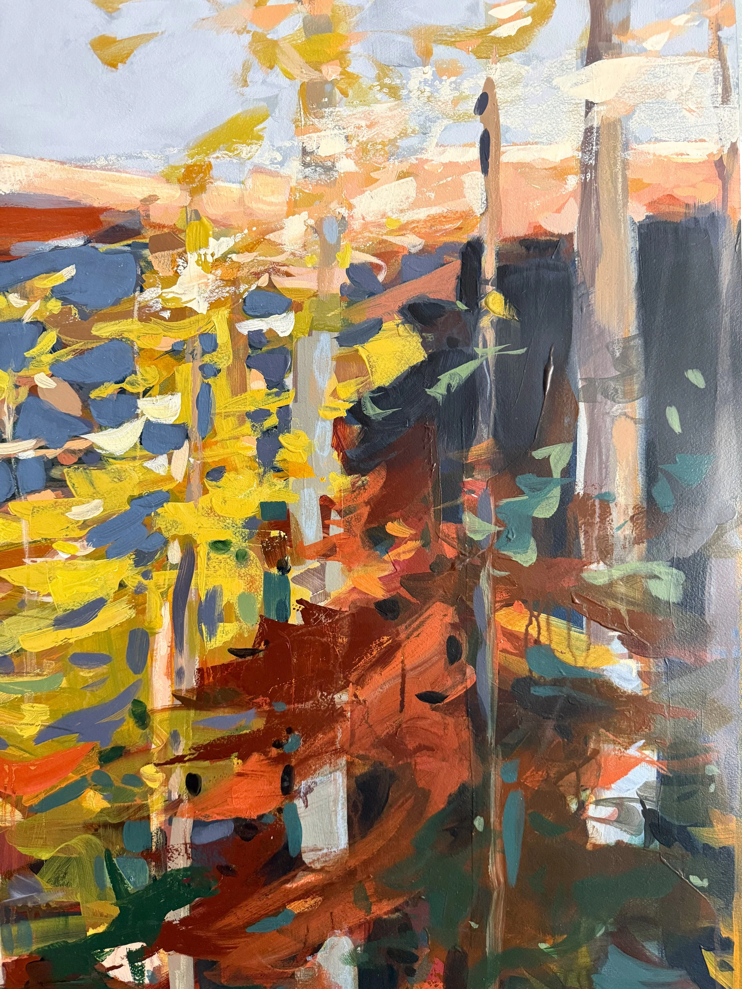 Original oil landscape painting by Asheville artist Cheyenne Trunnell showing up close details of fall trees glowing in the soft mountain morning light, unframed, 37x45 inches.