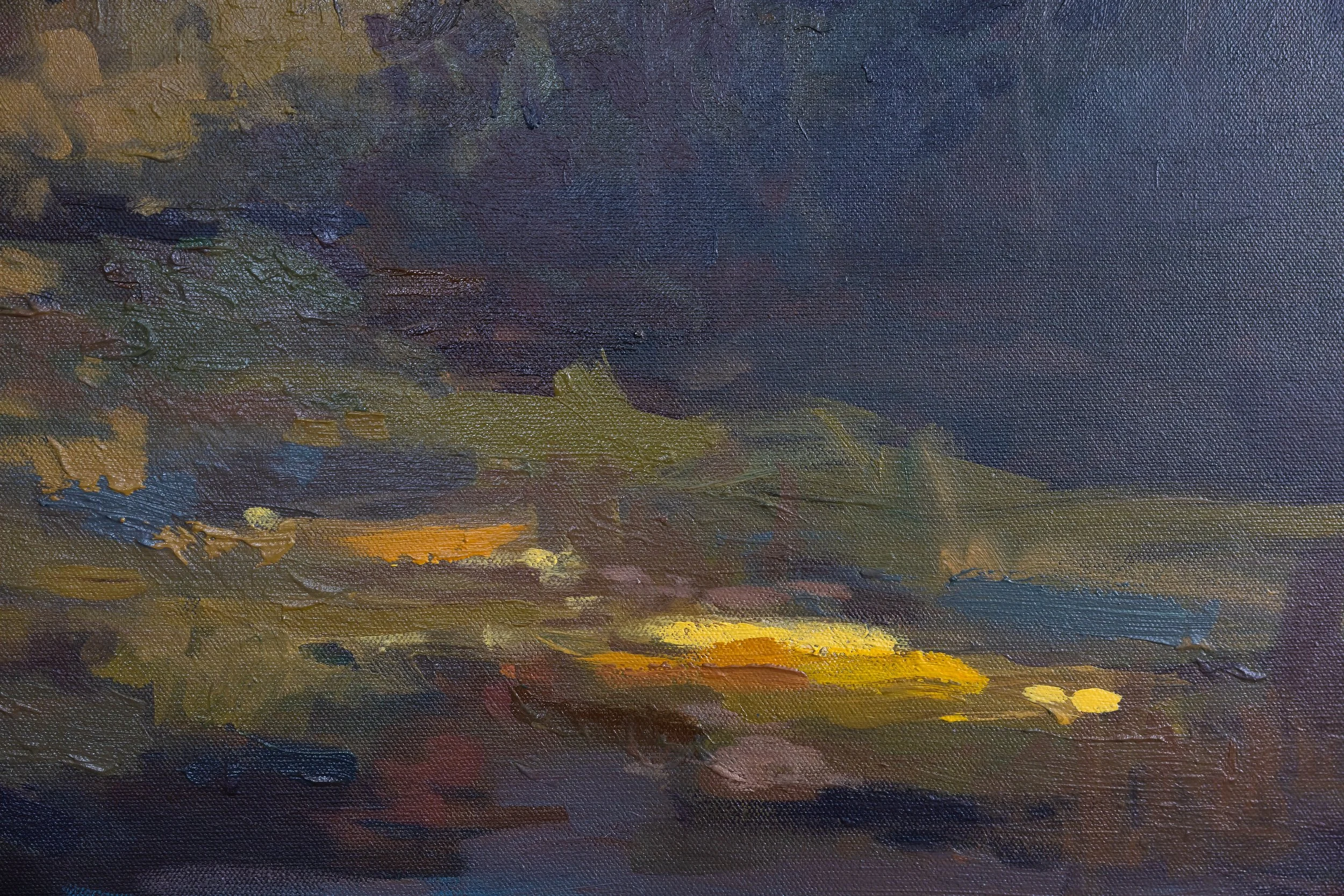 Detail of textured acrylic brushwork with golden light, earthy greens, and deep shadow in Where the Light Remains.