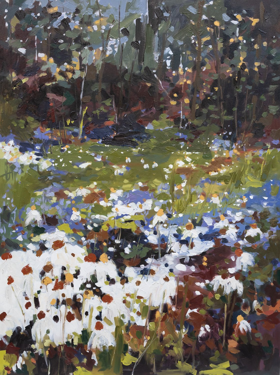The Season of Singing by Cheyenne Trunnell, a colorful woodland meadow painting with white wildflowers, blue blossoms, green foliage, and a dark forest backdrop.