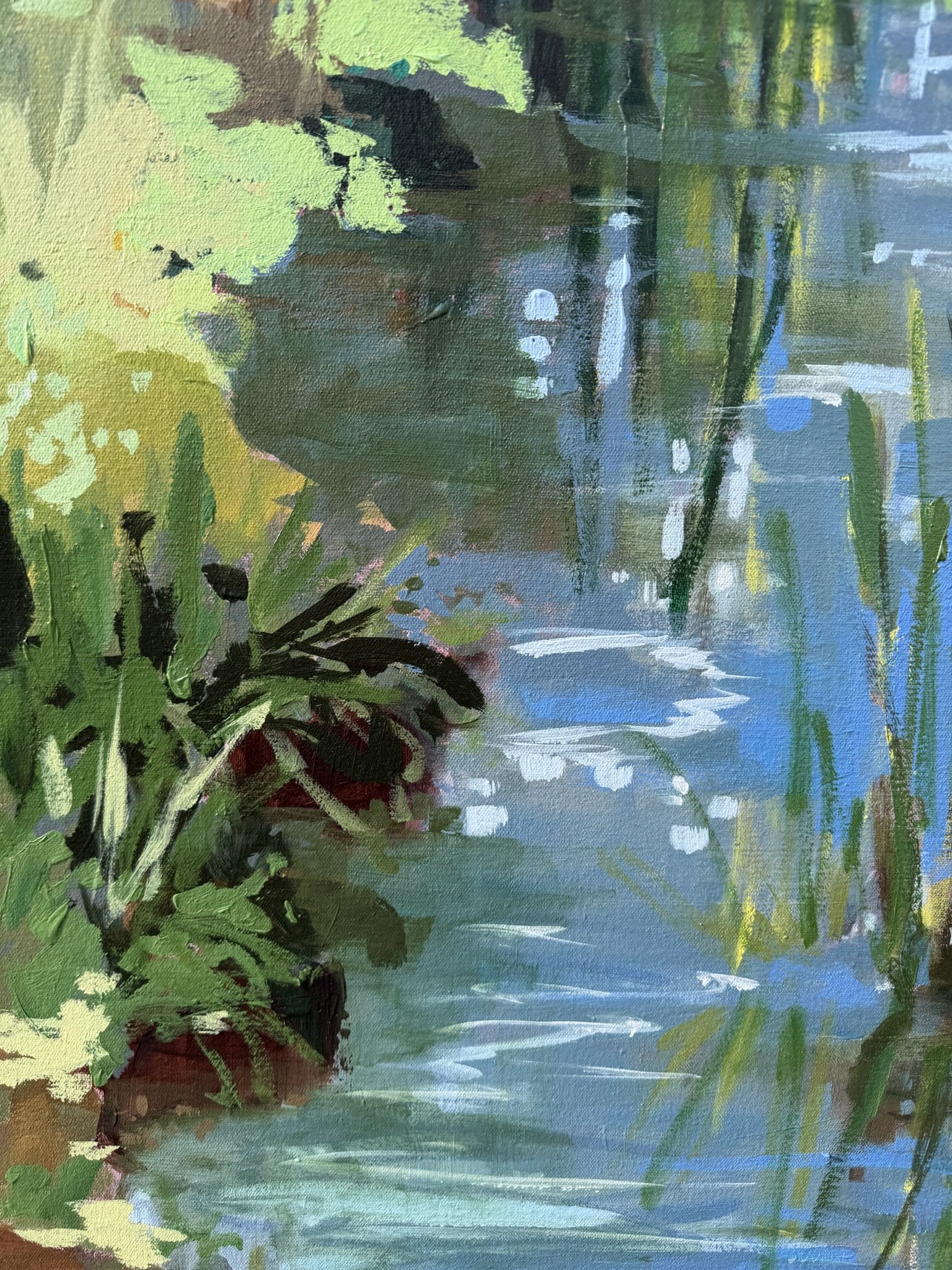 Detail of reflective water and soft green foliage in an impressionistic acrylic landscape painting by Cheyenne Trunnell.