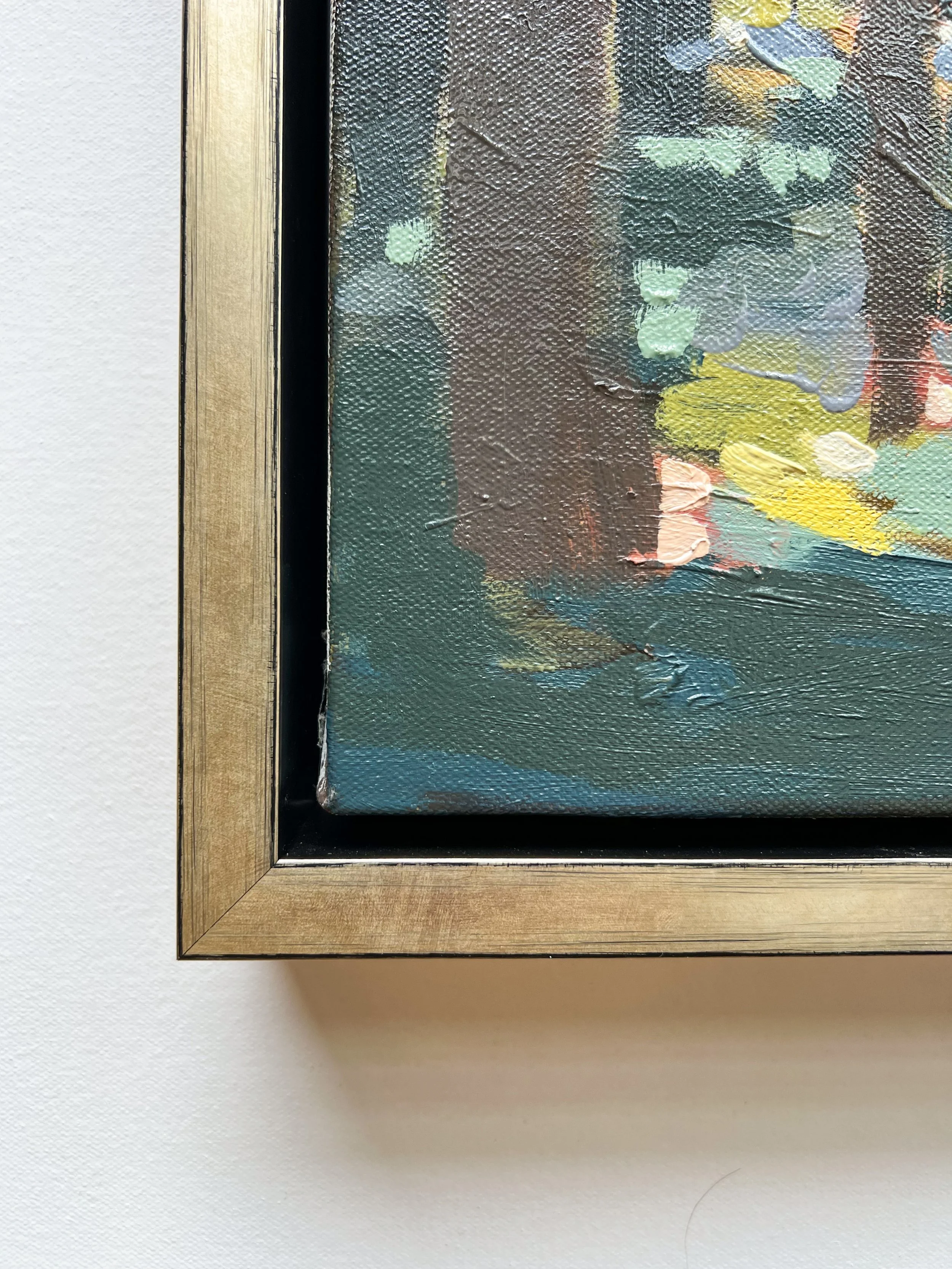 Original oil landscape painting by Asheville artist Cheyenne Trunnell depicting the corner of the champagne frame of the painting.