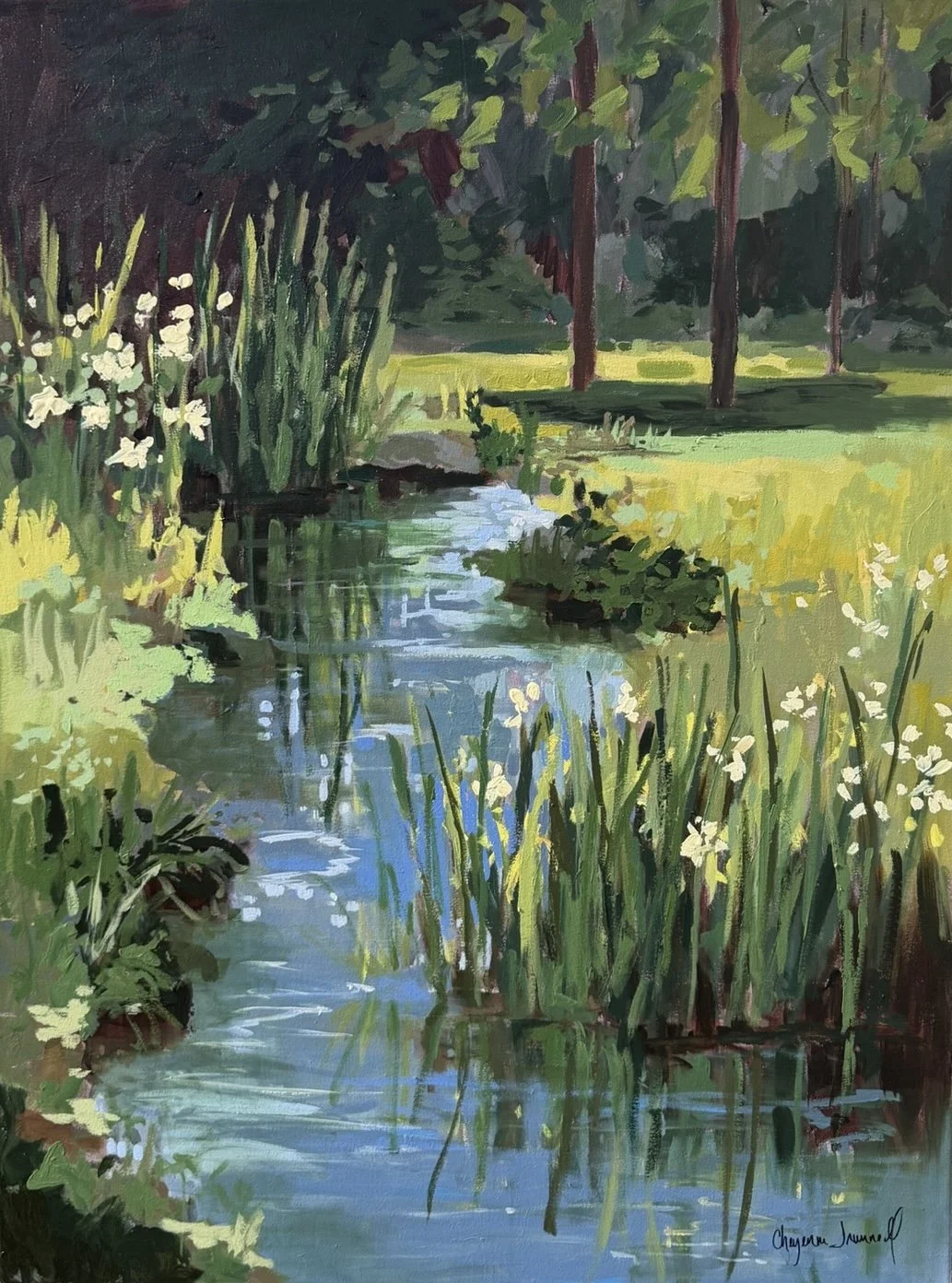 Expressive landscape painting of a calm blue stream winding through tall green reeds and white wildflowers toward a sunlit meadow and shaded forest.