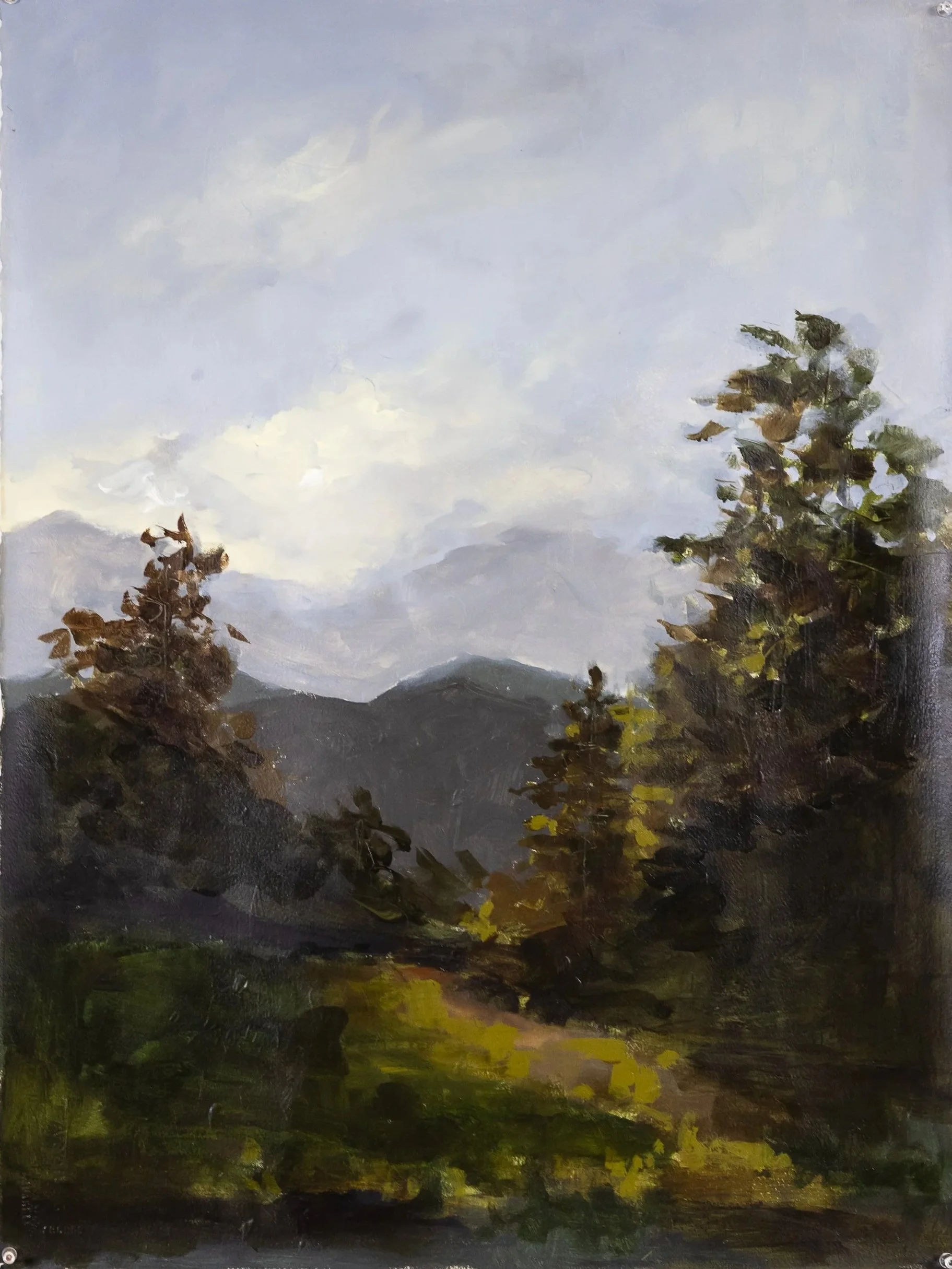 Original landscape painting by Cheyenne Trunnell, showing a mountain clearing framed by dark evergreens beneath a soft blue-gray sky with light breaking through.