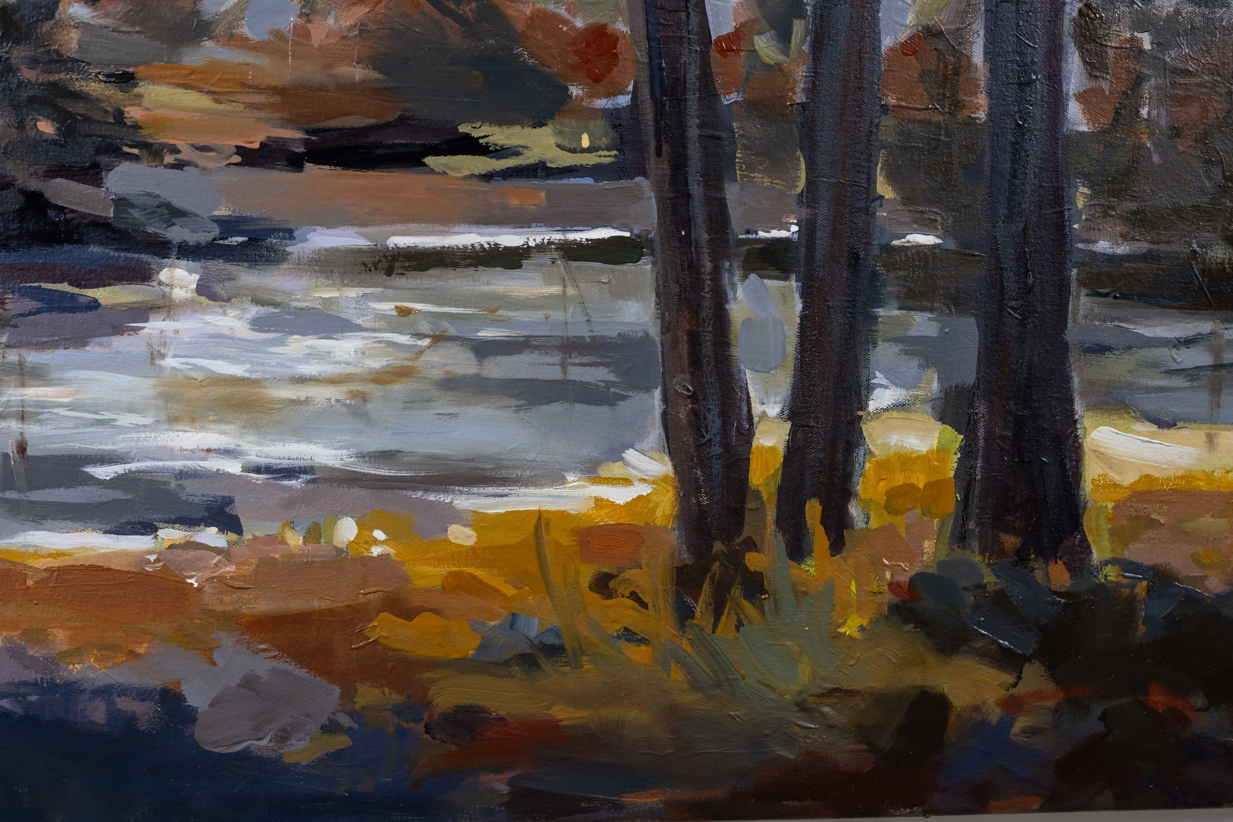 Original oil landscape painting by Asheville artist Cheyenne Trunnell depicting up close details of autumn trees surrounding reflective water with soft, glowing light, unframed, 36x48 inches.