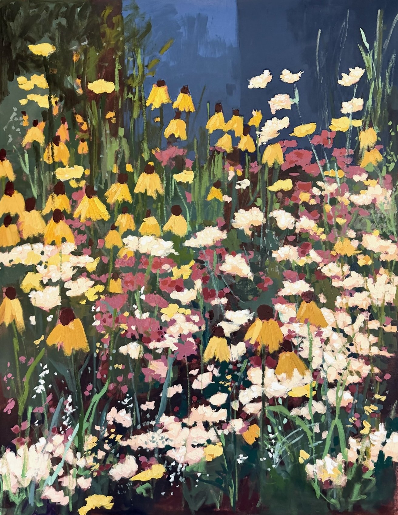 Original wildflower painting with yellow coneflowers and soft meadow blooms by Cheyenne Trunnell.