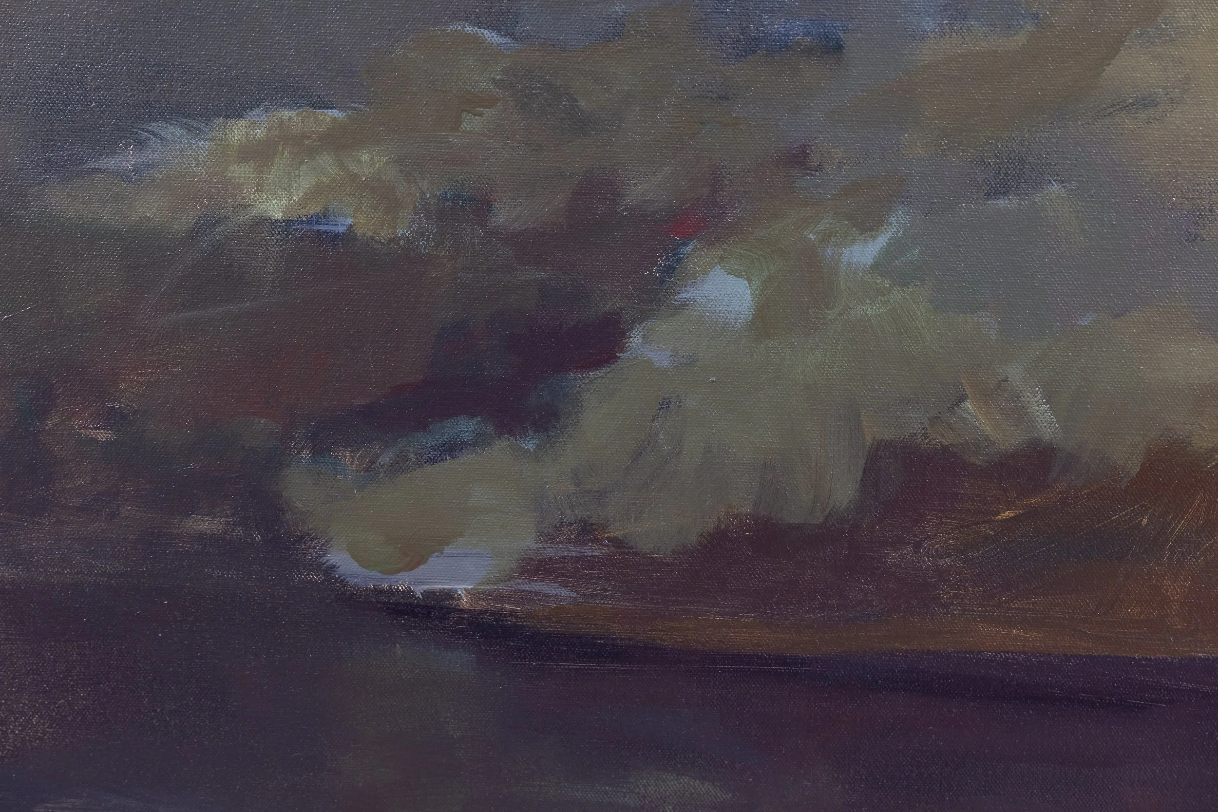 Detail of On the Wings of Dawn II by Cheyenne Trunnell, showing layered olive, brown, and muted blue brushwork across the hillside and water’s edge.