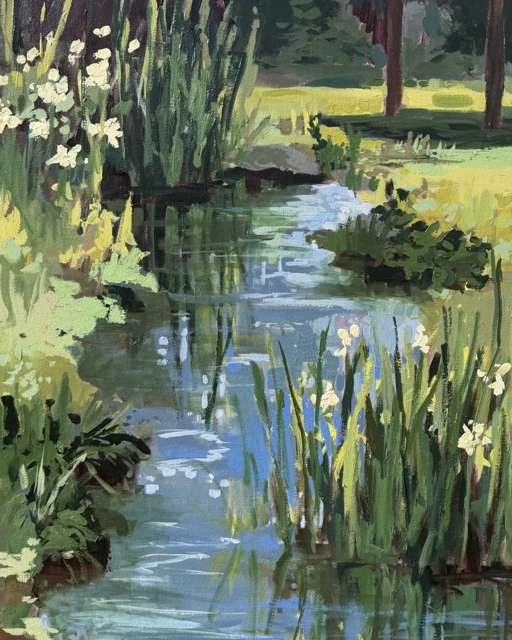 Beside the Still & Quiet Water, a 36 × 48 acrylic landscape painting by Cheyenne Trunnell depicting a quiet stream flowing through tall grasses, white wildflowers, and sunlit meadow trees.