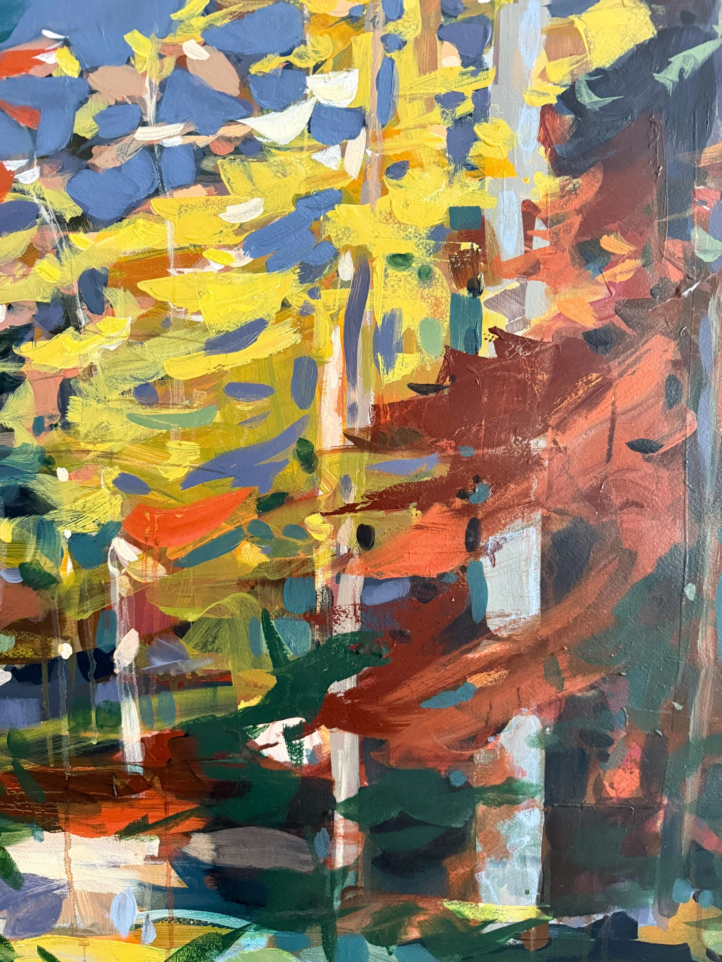 Original oil landscape painting by Asheville artist Cheyenne Trunnell showing up close details of fall trees glowing in the soft mountain morning light, unframed, 37x45 inches.