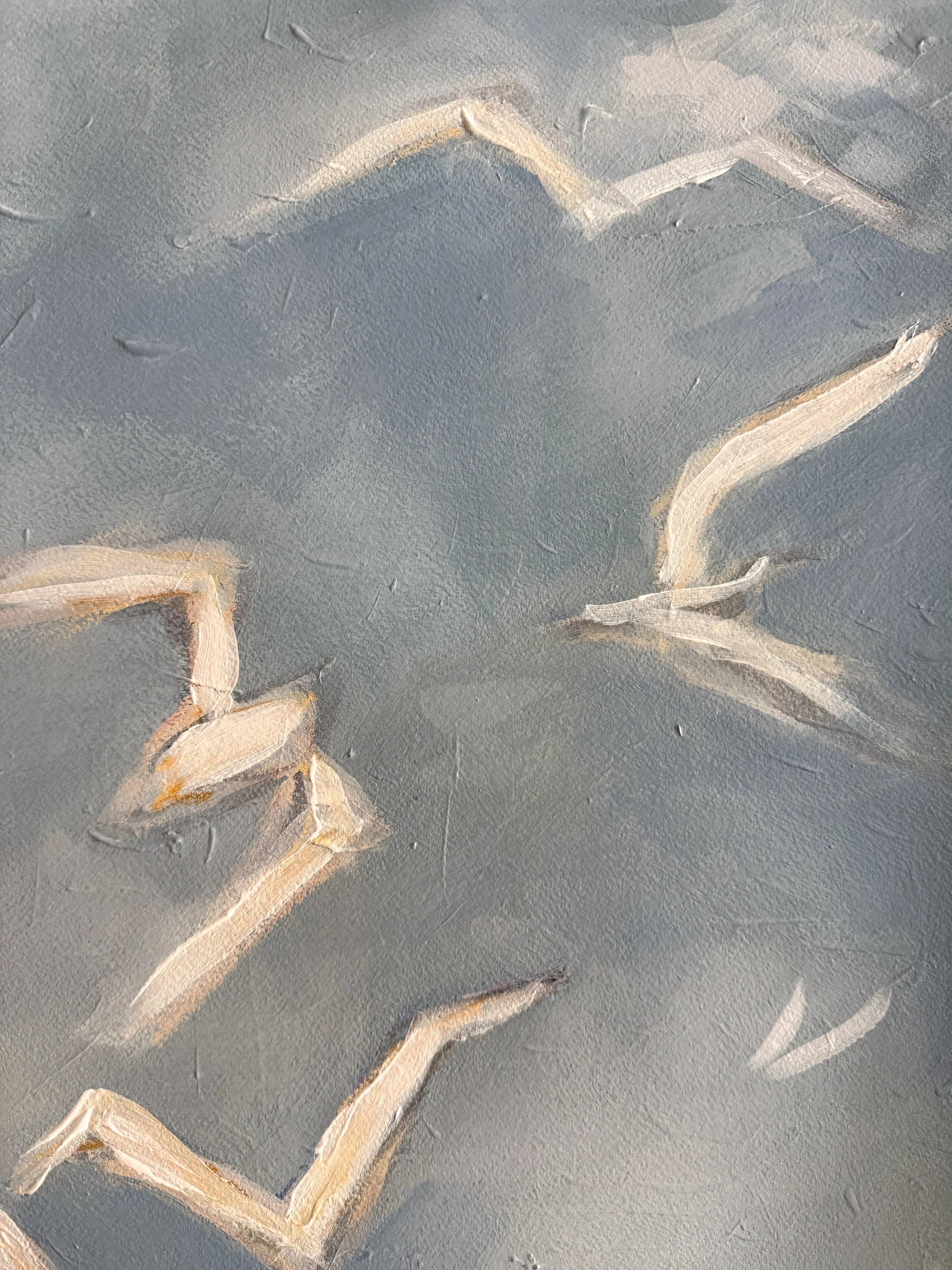 Original acrylic and gouache painting by Asheville artist Cheyenne Trunnell depicting up close details of white birds soaring across a blue sky, unframed, 31x45 inches.