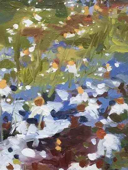 Detail of The Season of Singing by Cheyenne Trunnell, featuring white wildflowers, blue blossoms, fresh green grasses, and warm golden accents.