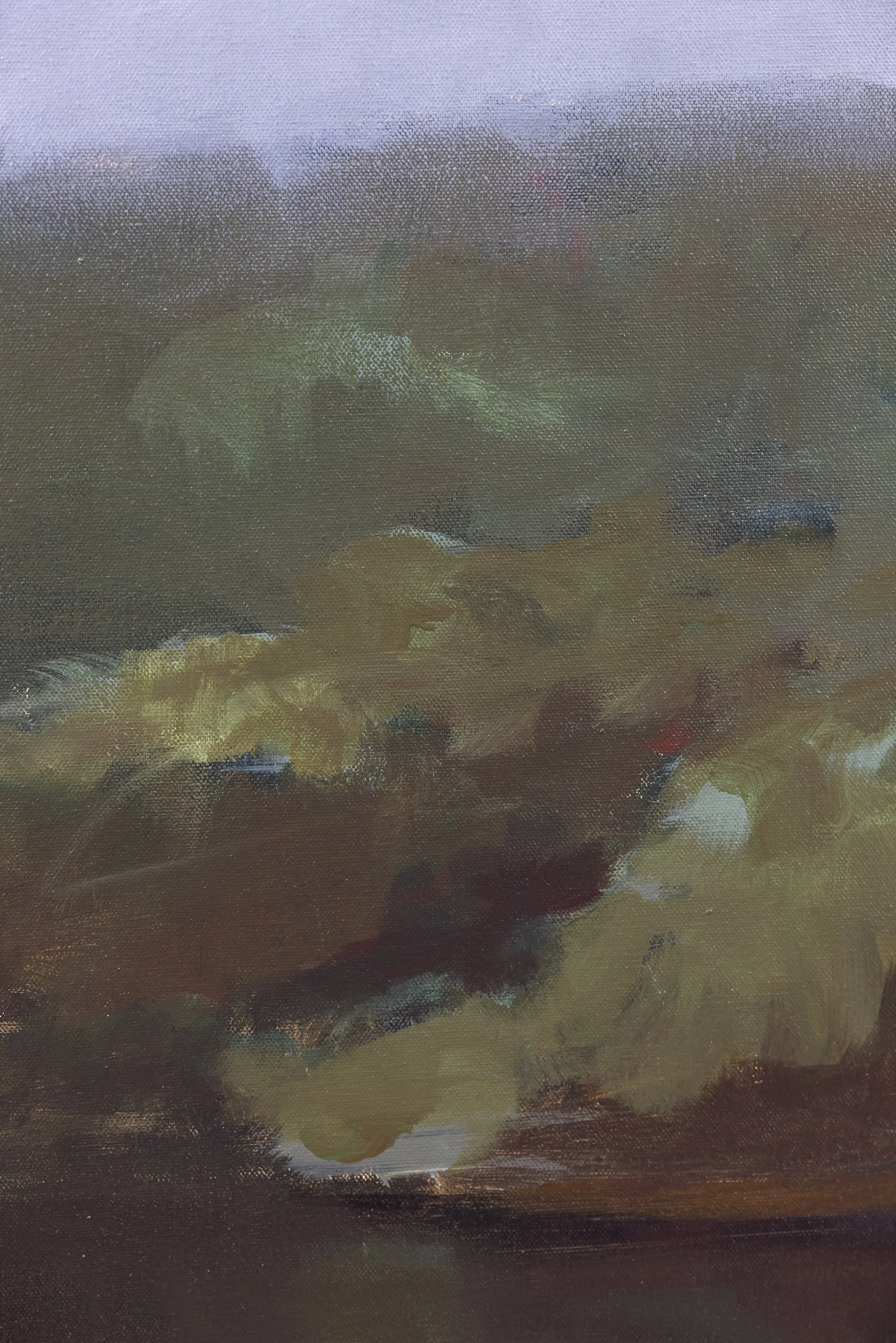 Detail of On the Wings of Dawn II by Cheyenne Trunnell, featuring softly blended green hills beneath a hazy blue-gray sky.