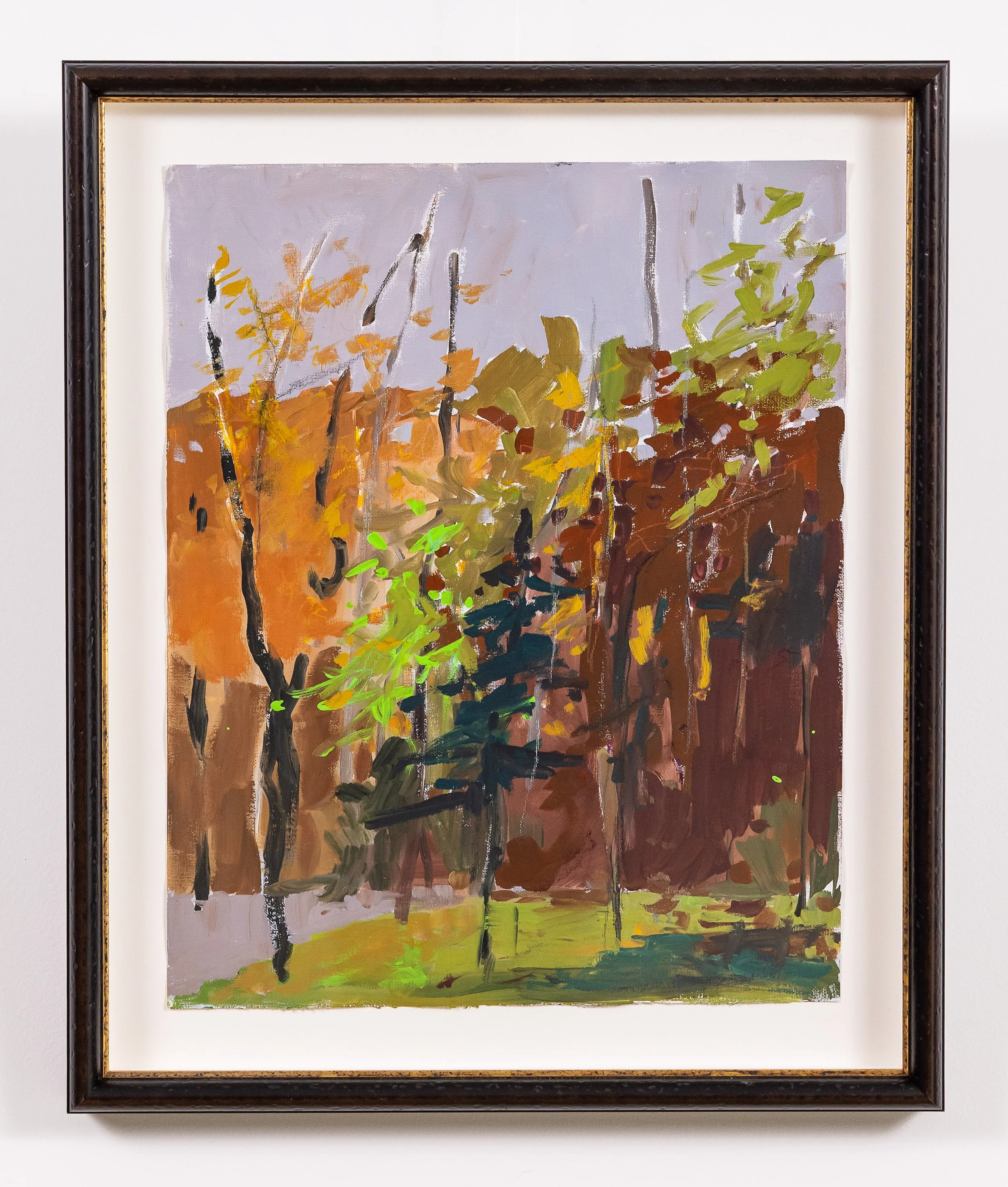 Framed landscape painting by Asheville artist Cheyenne Trunnell with expressive brushwork and fall tones.