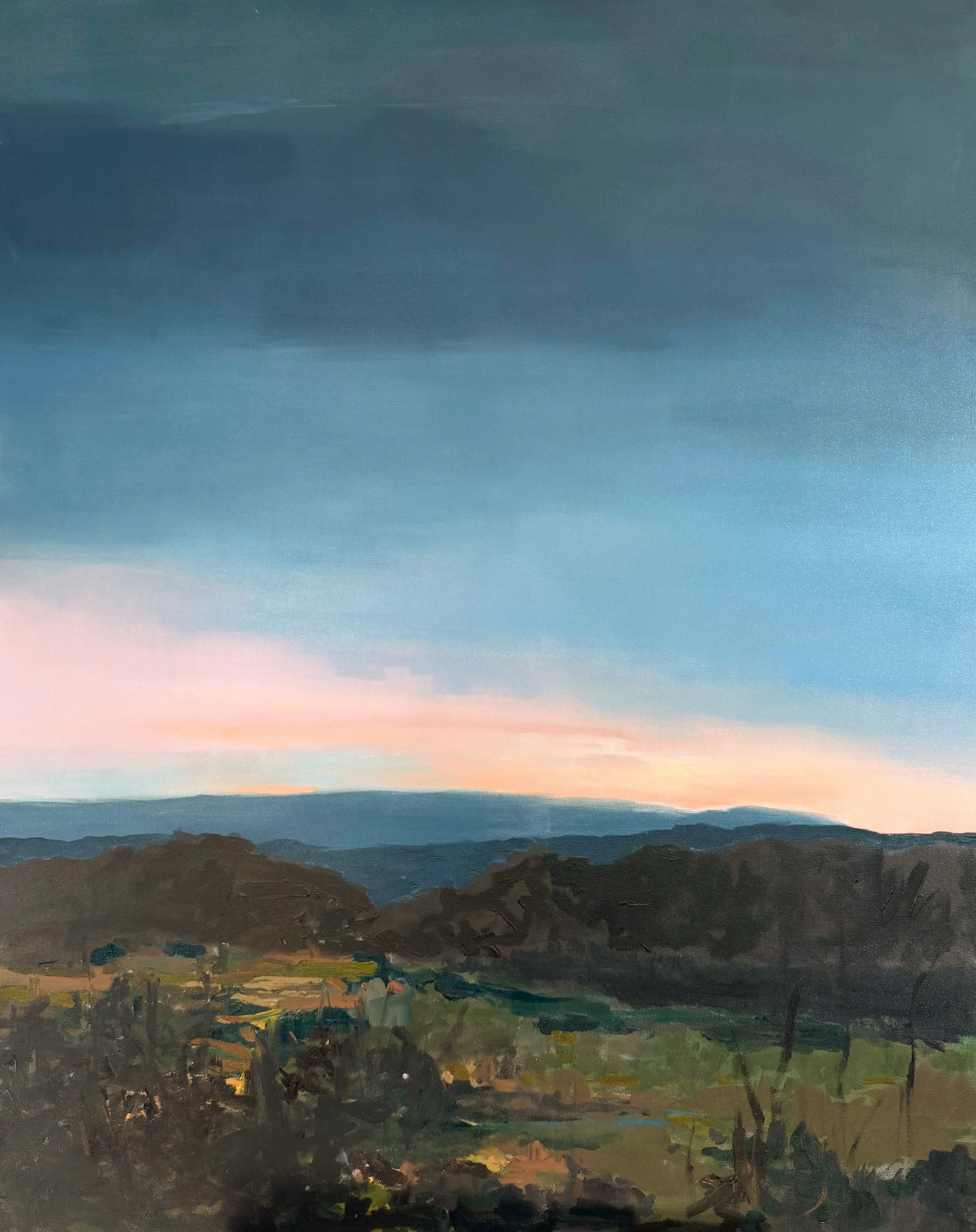 Original acrylic landscape painting showing a wide Blue Ridge valley at dusk with soft pink light along the horizon and deep blue atmospheric sky, unframed, 40×50 inches.