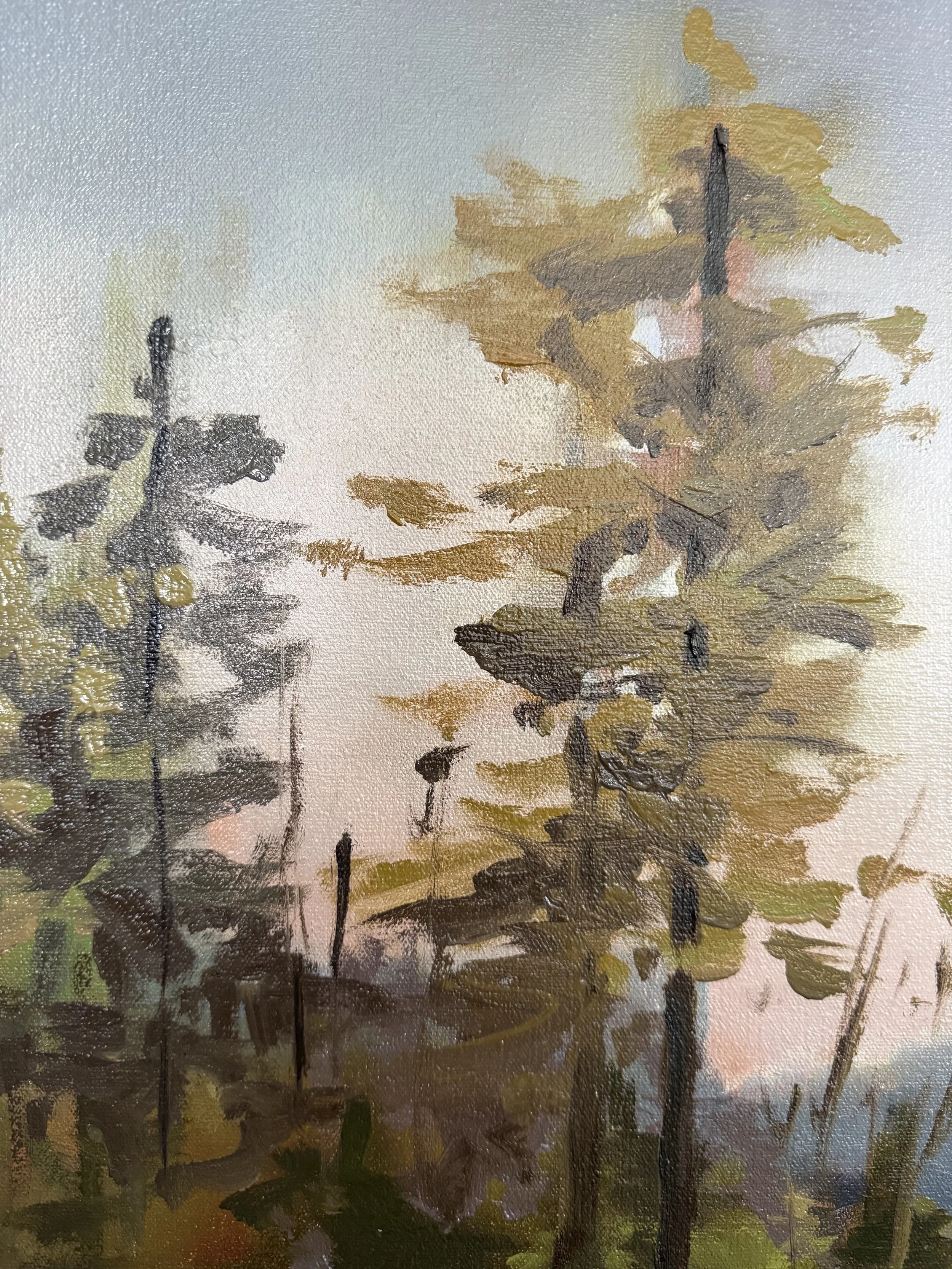 Detail of Revealing Light I by Cheyenne Trunnell, featuring golden foliage, layered olive-green brushstrokes, and delicate tree branches against a pale sky.