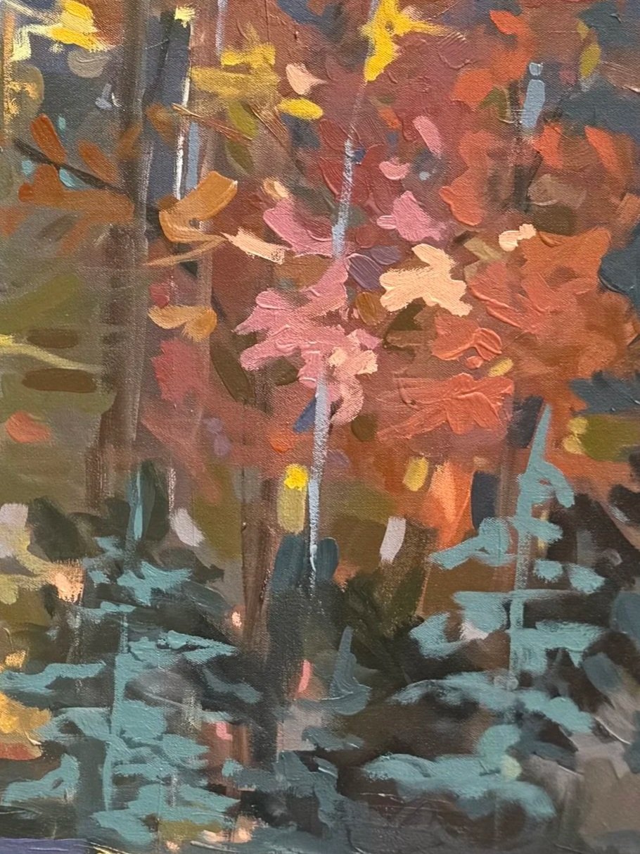 Close-up of All of the Trees of the Forest Will Sing for Joy showing layered autumn trees, deep green shadows, and expressive brushwork in orange, rust, and gold.