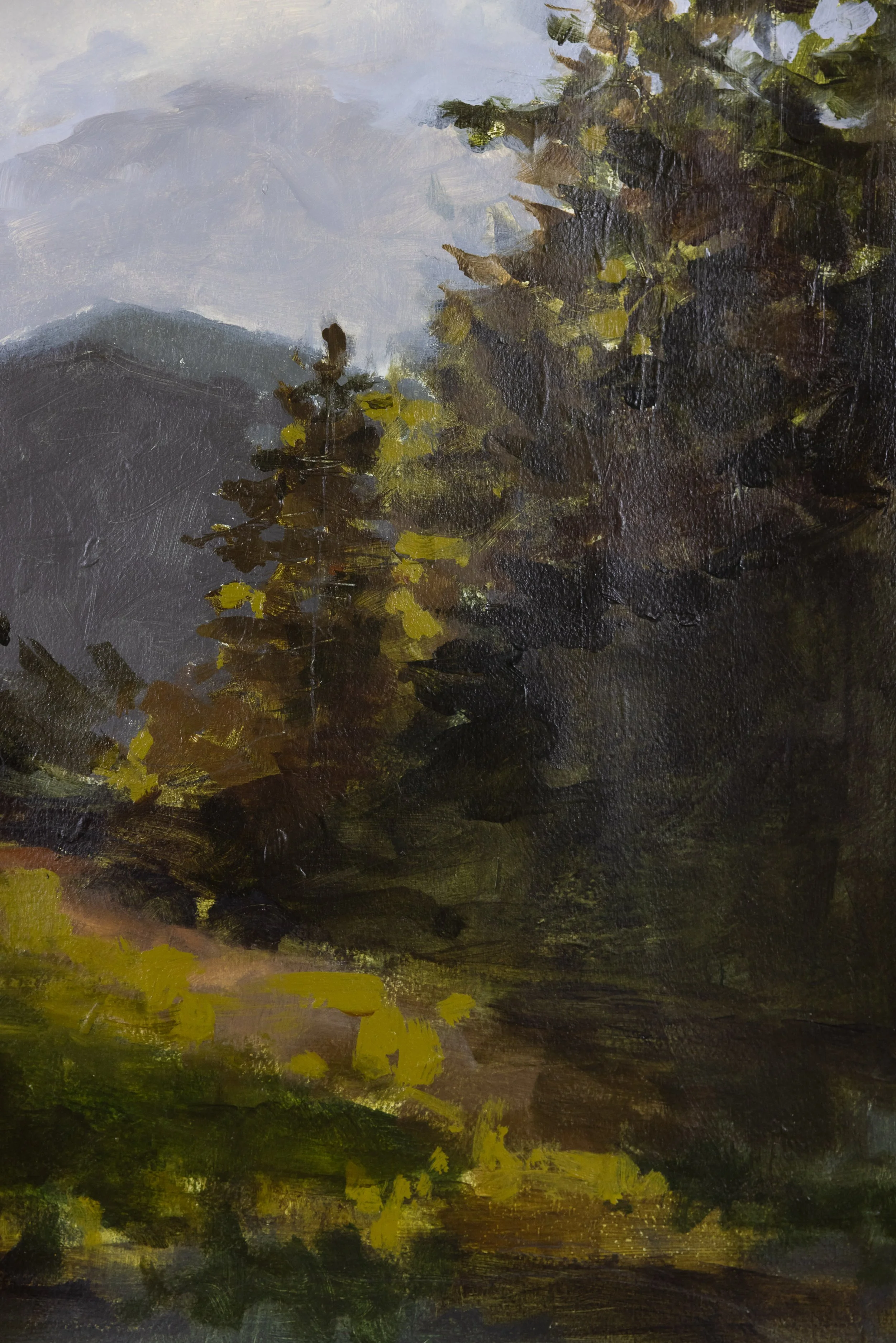 Detail of Cheyenne Trunnell’s landscape painting, showing distant blue-gray mountains, dark layered trees, and luminous green highlights across the forest floor.