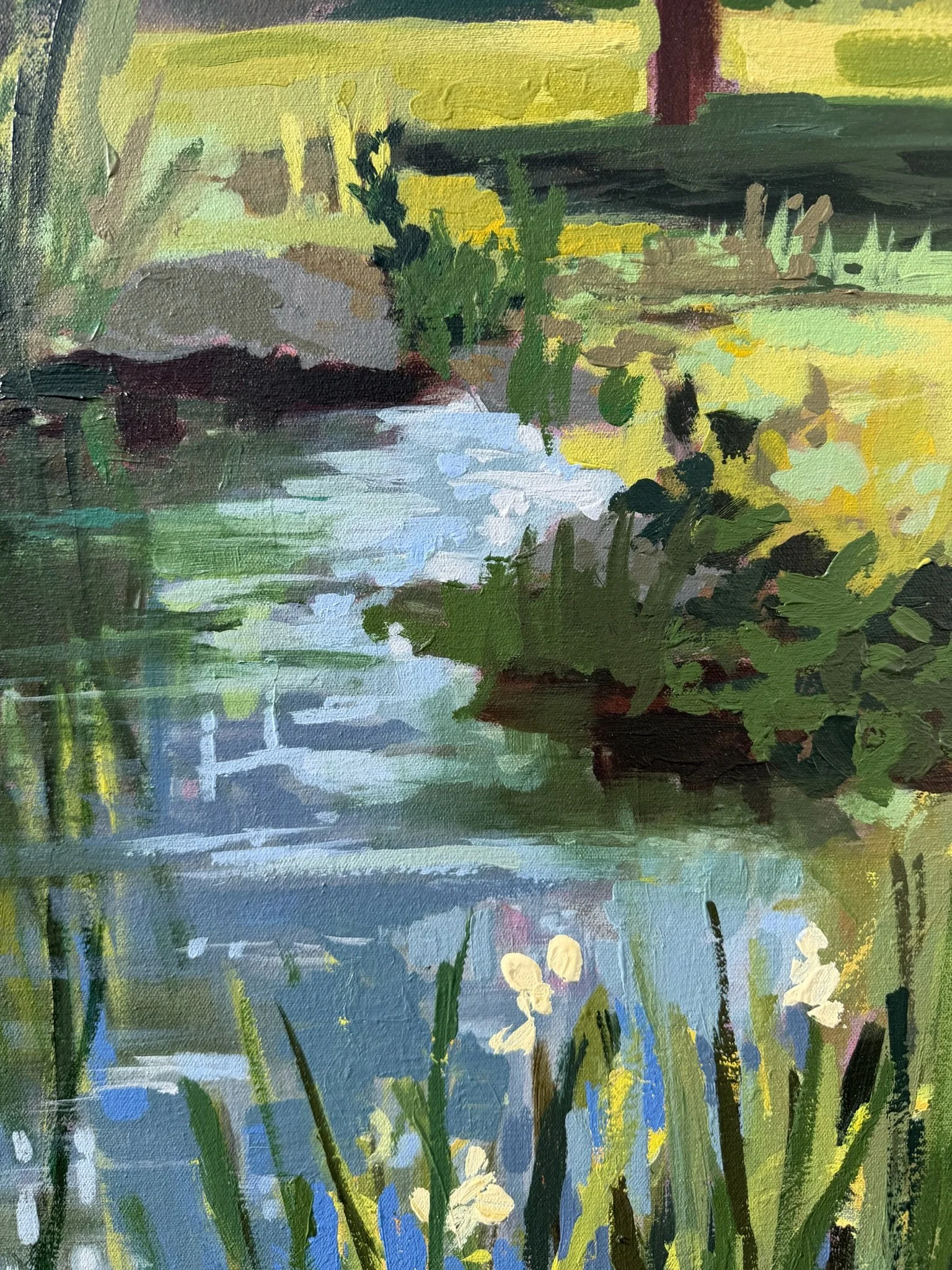 Detail of Beside the Still & Quiet Water, an acrylic landscape painting by Cheyenne Trunnell showing a reflective stream winding through tall grasses and white wildflowers in soft meadow light.