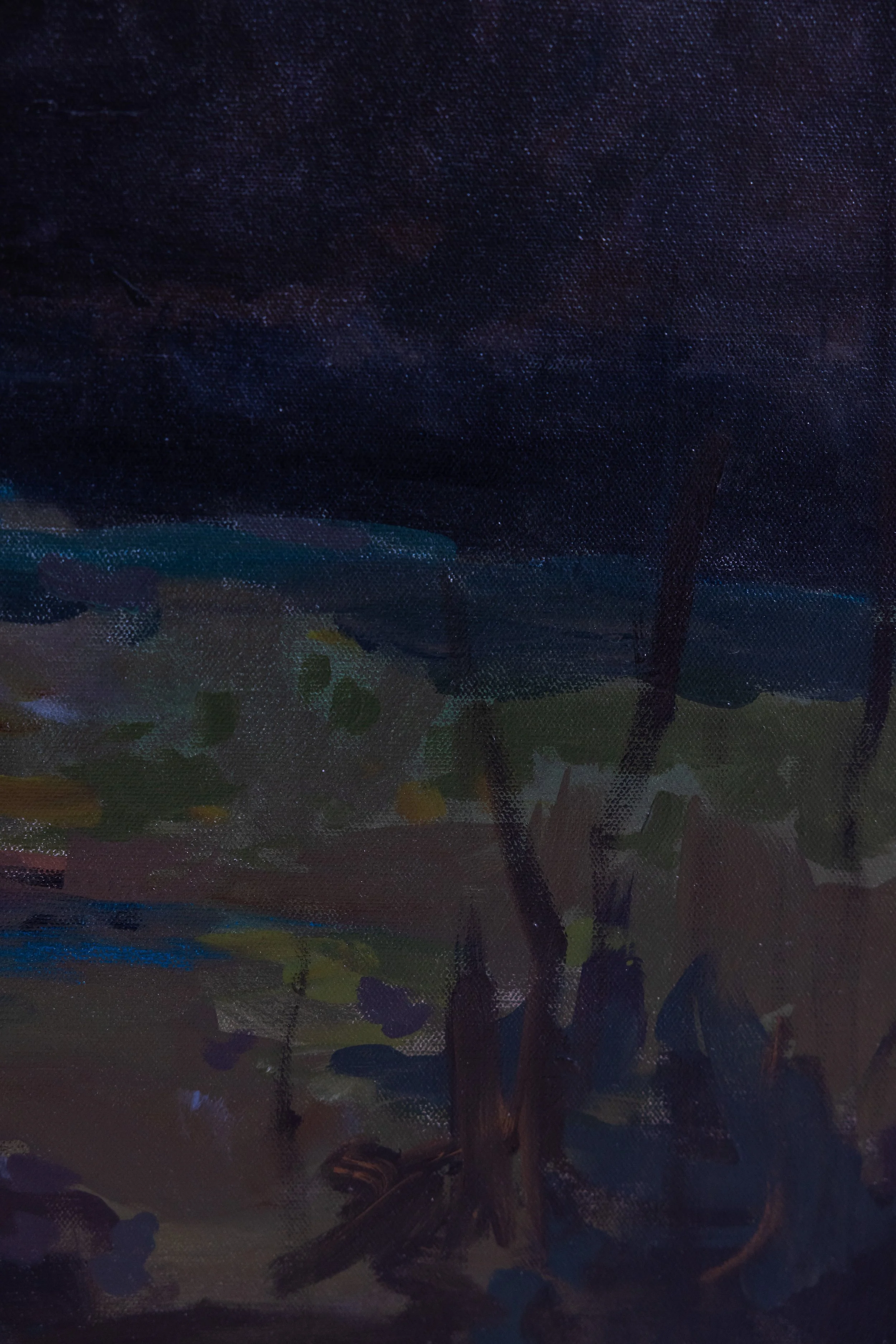 Detail of original oil landscape painting by Asheville artist Cheyenne Trunnell highlighting rolling fields and darkened tree lines beneath a fading evening sky, framed.
