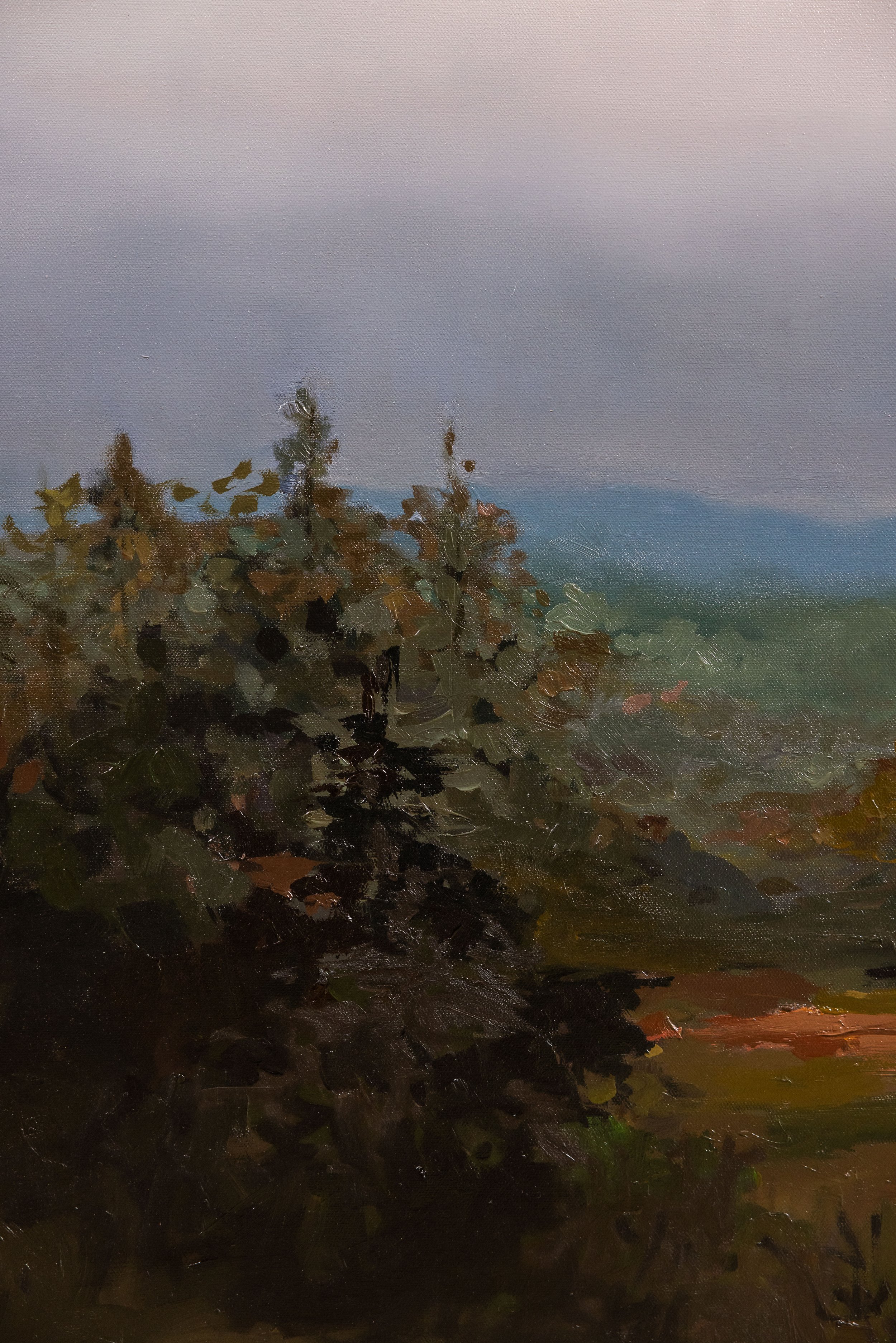 Detail of original oil landscape painting by Asheville artist Cheyenne Trunnell capturing subtle evening light and layered clouds over a mountain landscape, framed, 37x45 inches.