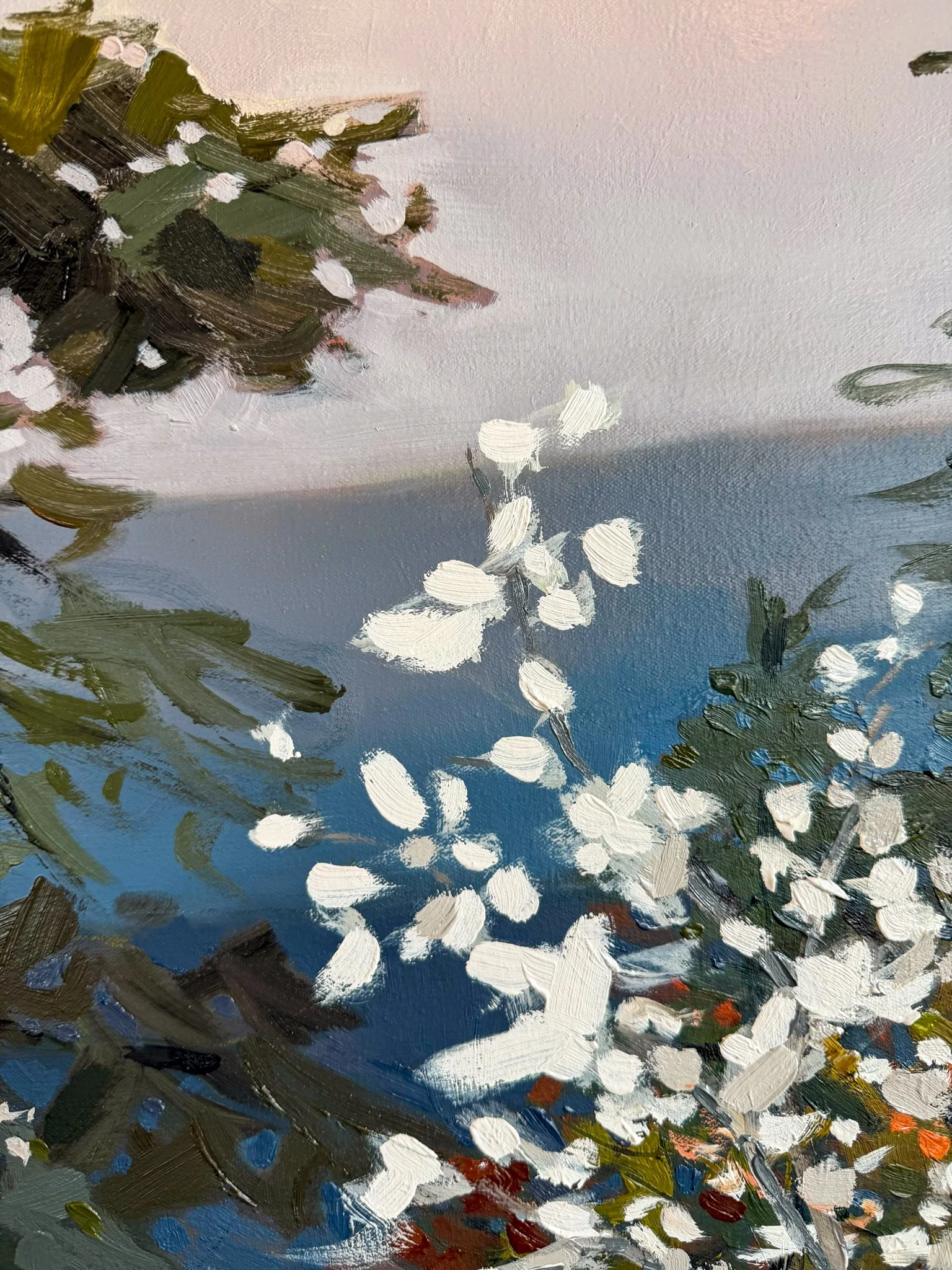 Oil painting detail of white blossoms set against soft blue mountain ridges and morning sky, reflecting the peaceful light and renewal of early spring.