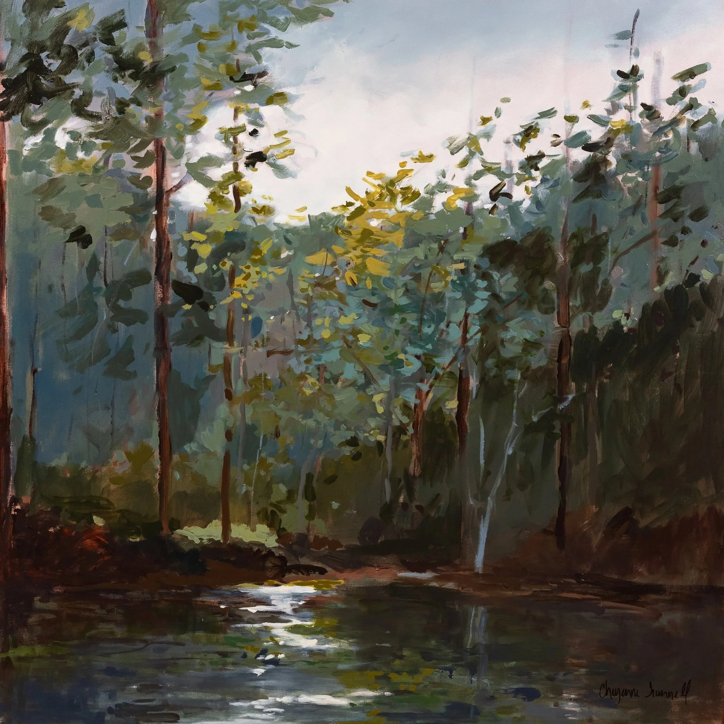 At the Edge of Stillness, abstract landscape painting with quiet water, layered trees, and soft light in blue-green and gold tones.