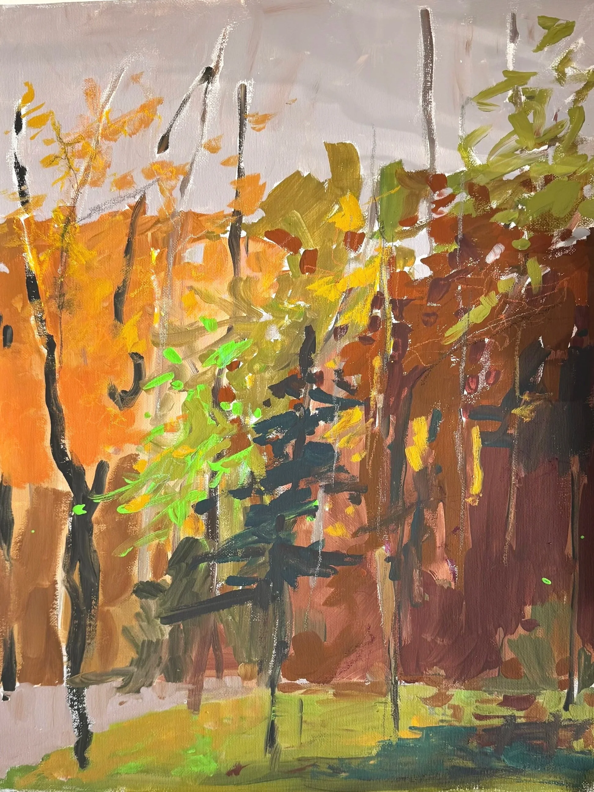 Acrylic autumn landscape by Asheville artist Cheyenne Trunnell with bold orange, gold, and green brushstrokes suggesting fall trees and forest light, framed on Arches paper, 16×20 inches.