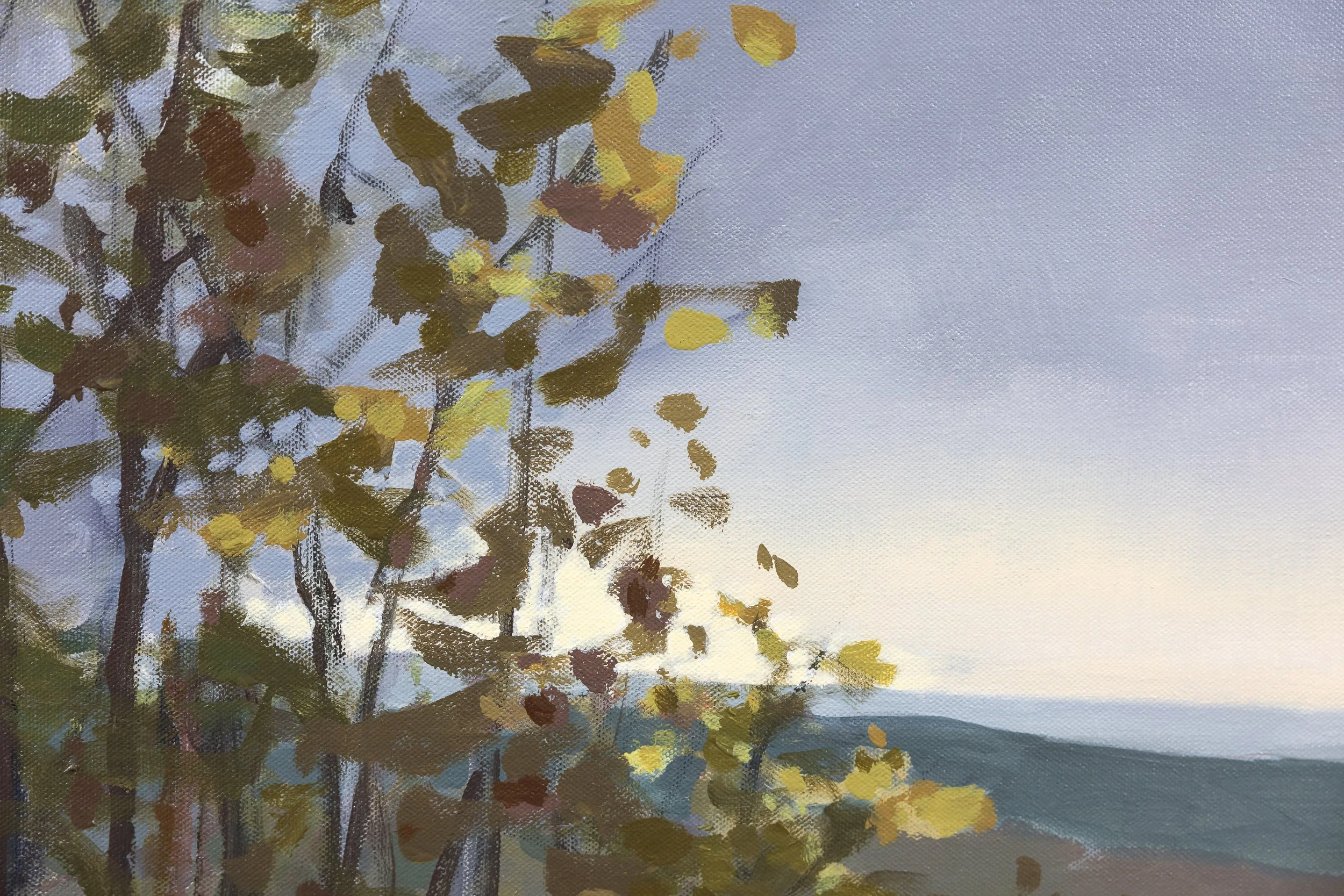 Detail of The First Glimpse of Light by Cheyenne Trunnell, featuring slender tree trunks, deep green foliage, and expressive brushwork in muted earth tones.