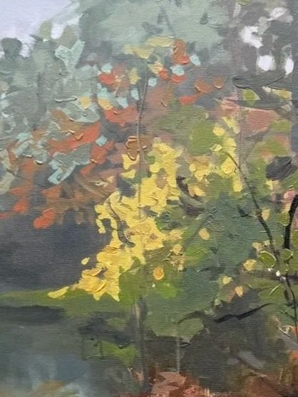 Close-up of Our Hearts Are Restless Until They Rest in Thee showing slender tree trunks, rust-colored leaves, and expressive brushwork.