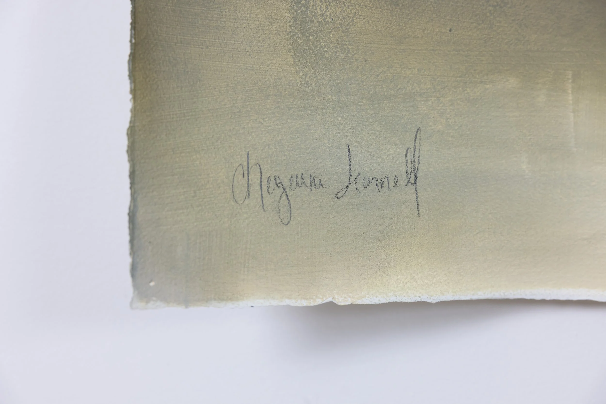 Detail of On the Wings of Dawn I by Cheyenne Trunnell, showing the artist’s signature on the softly painted lower edge of the work.