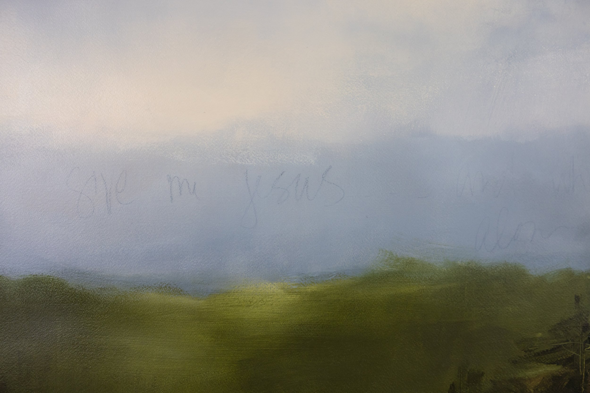 Detail of On the Wings of Dawn I by Cheyenne Trunnell, showing a softly layered blue sky with faint handwritten words above distant green hills.