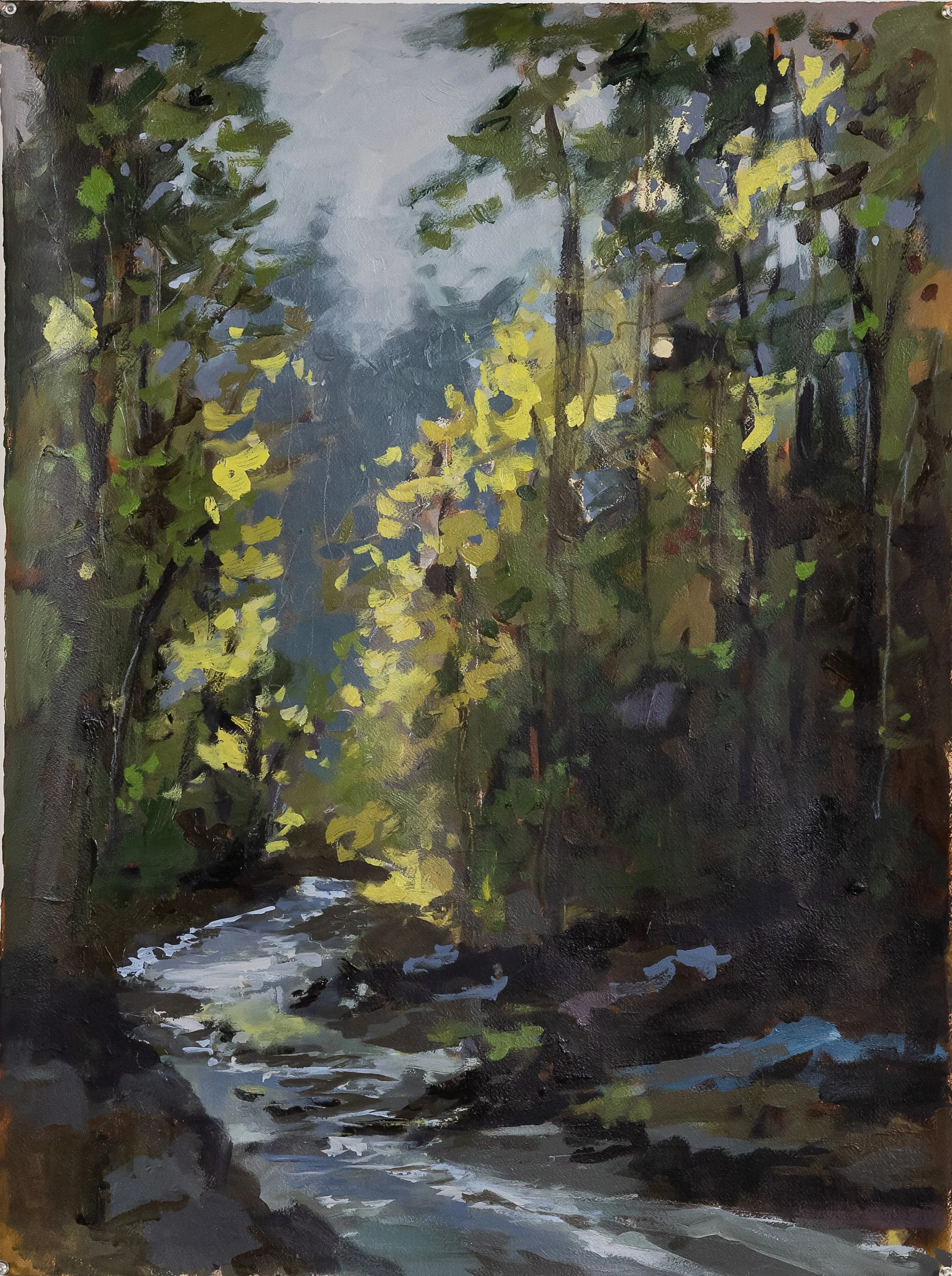 A Glimmer of Light by Cheyenne Trunnell, an acrylic landscape on Arches watercolor paper featuring a winding forest stream, deep green trees, and soft yellow light filtering through the woods.