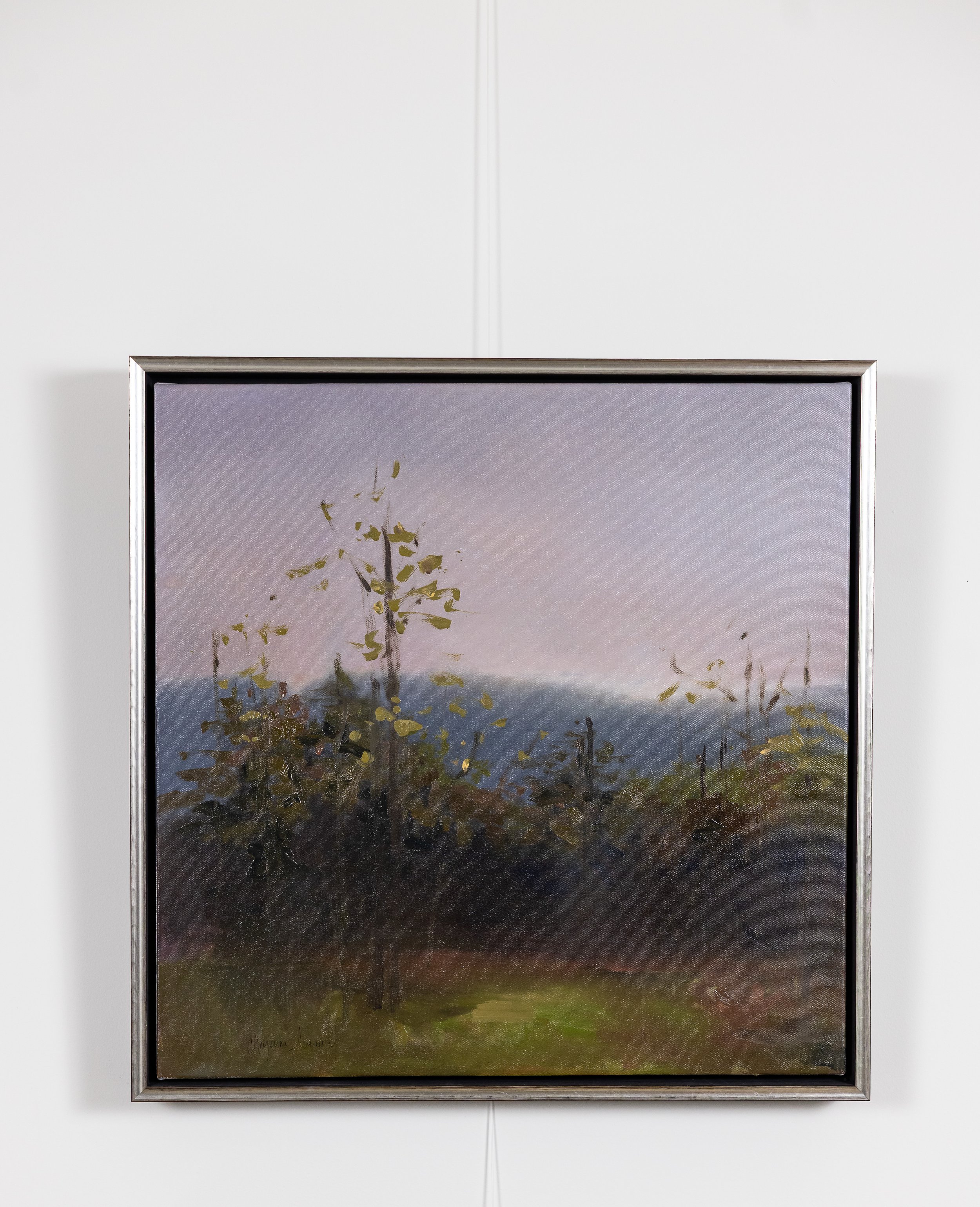 Framed oil landscape painting by Asheville artist Cheyenne Trunnell depicting gentle light and layered trees in a Western North Carolina landscape.