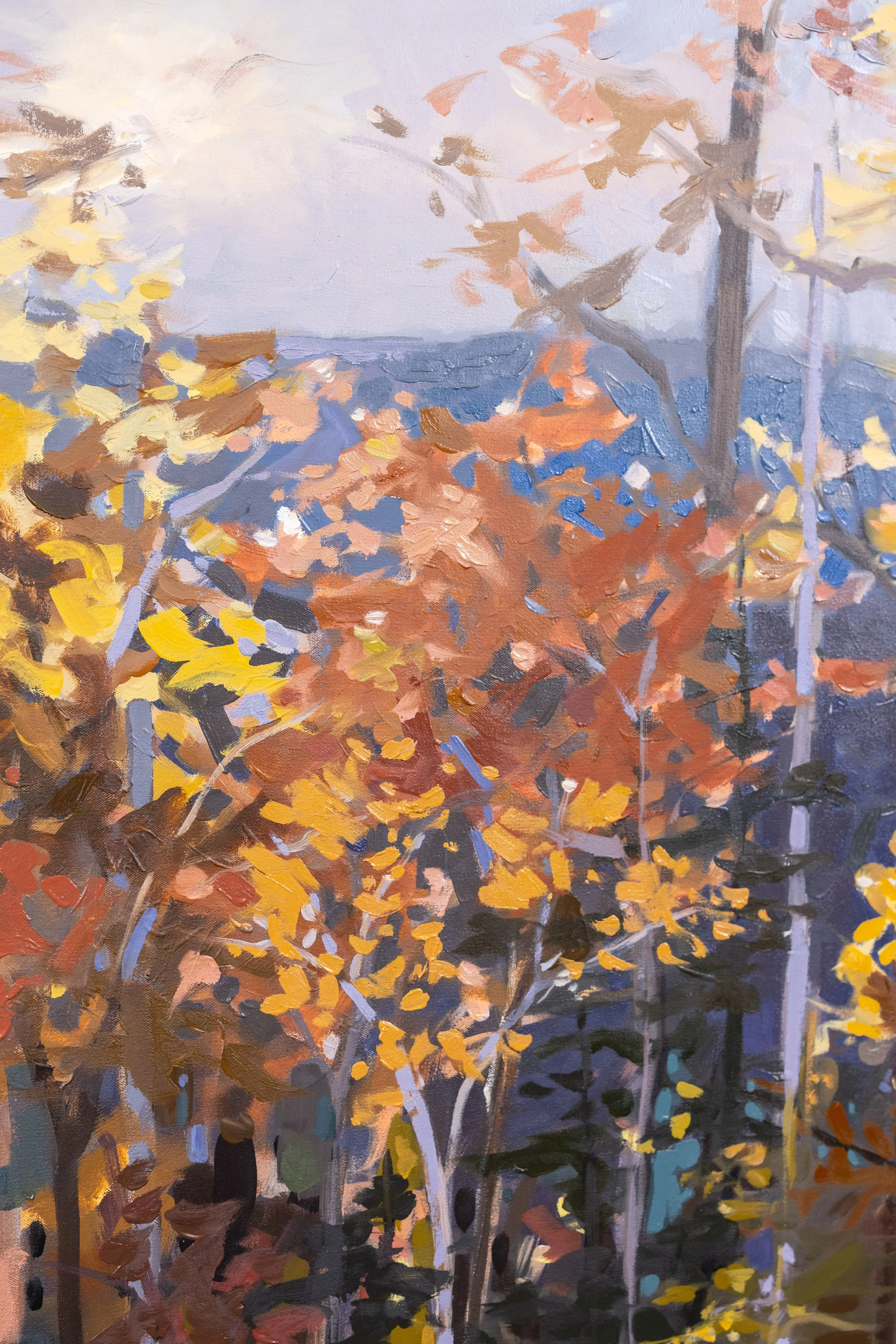 Original oil landscape painting by Asheville artist Cheyenne Trunnell showing up closet details of fall trees illuminated by golden light against mountain peaks, unframed, 36x48 inches.