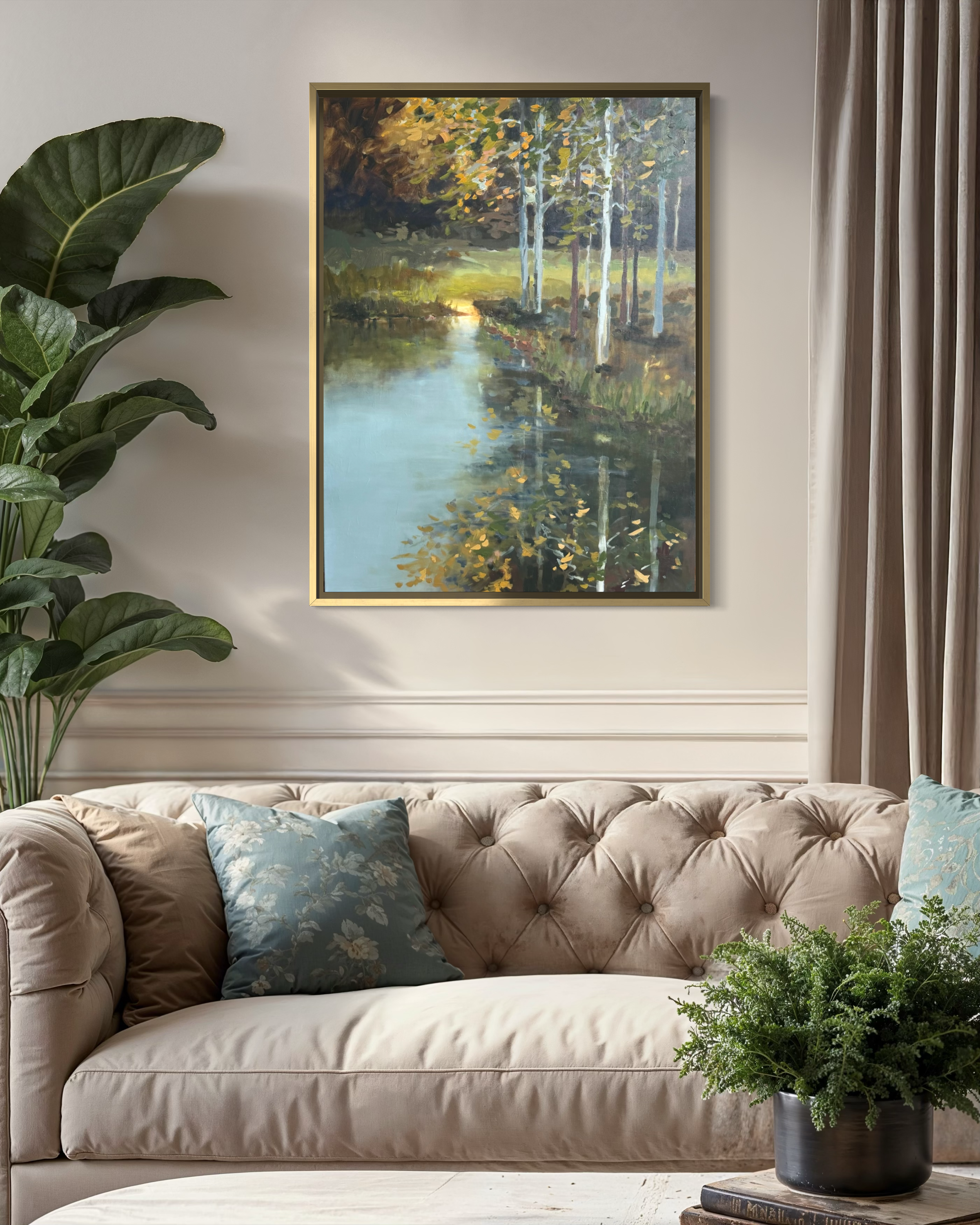 The Presence of Light by Cheyenne Trunnell, shown framed in a softly styled living room above a neutral sofa with blue accents and greenery.