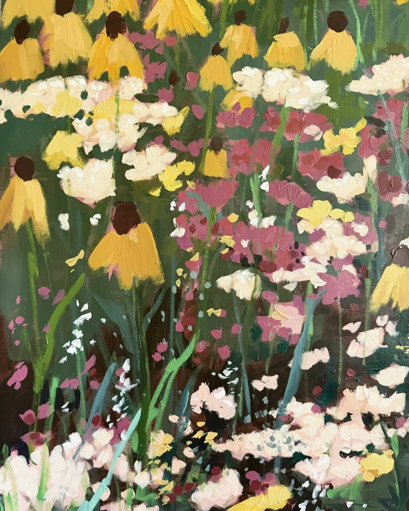 Detail of layered meadow flowers and green grasses in an original wildflower painting.