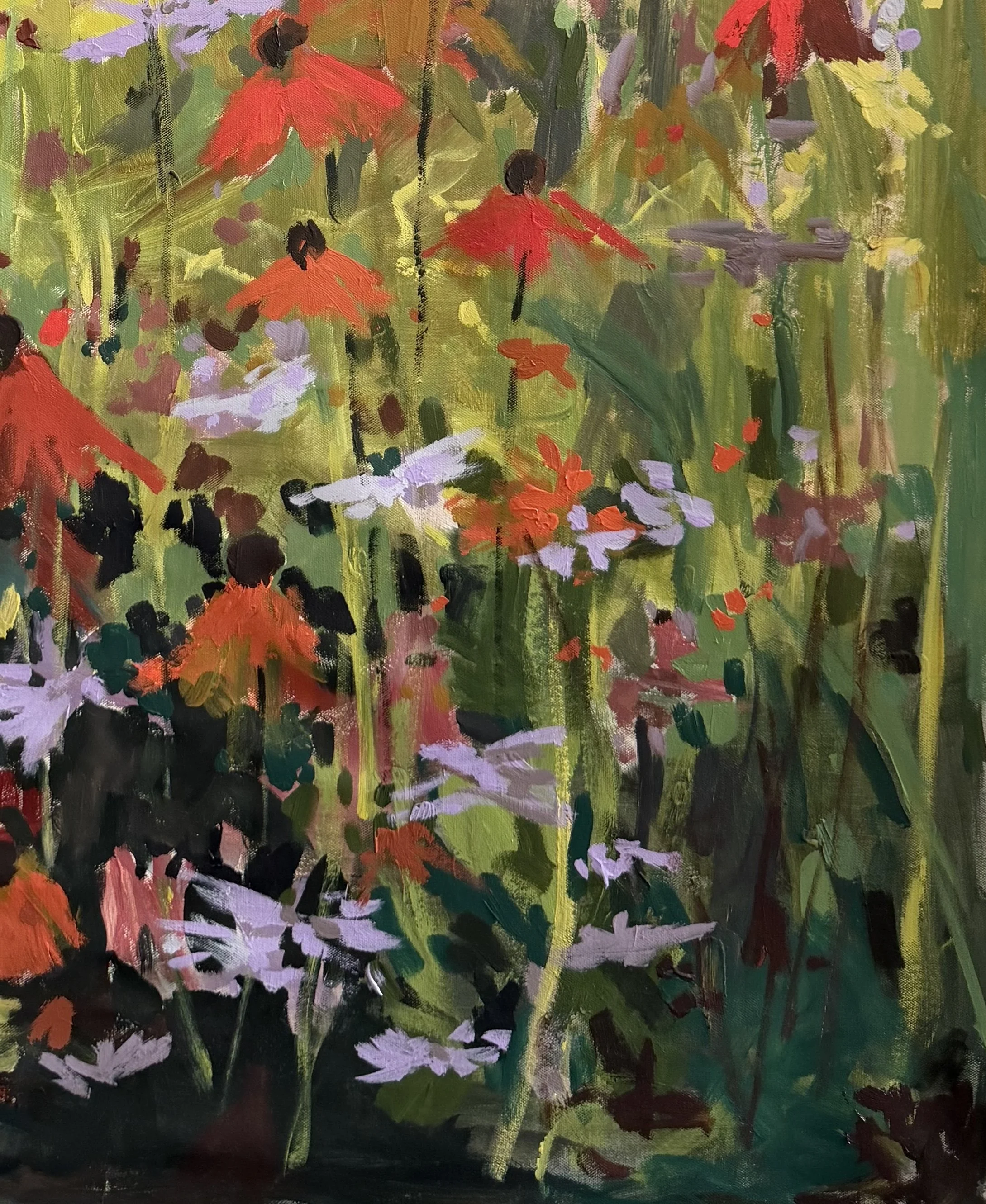 Detail of layered green foliage, orange blooms, and soft purple flowers in a mixed media wildflower painting by Cheyenne Trunnell.