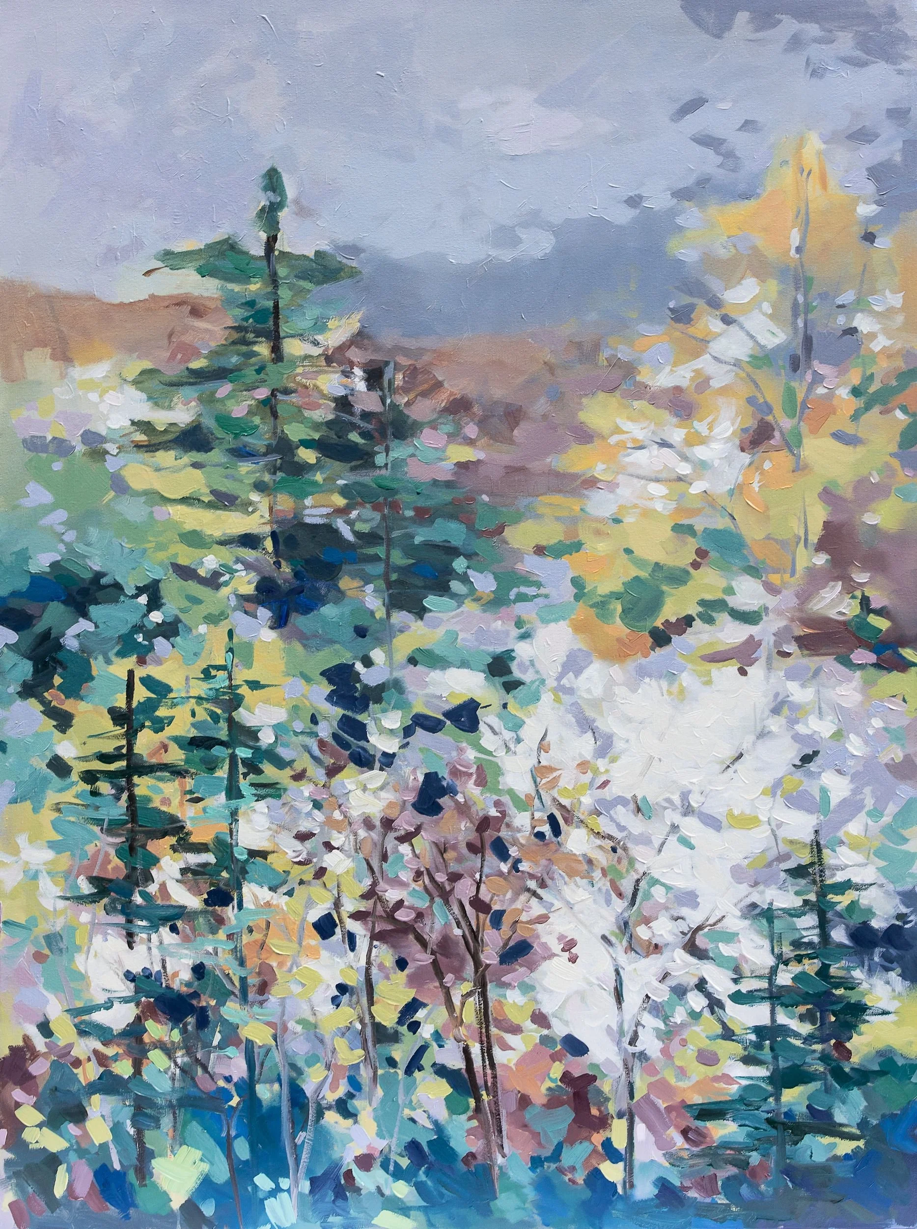 Artist-enhanced giclée print by Asheville artist Cheyenne Trunnell depicting an evergreen forest bathed in soft, faith-inspired light, unframed, 32x40 inches.