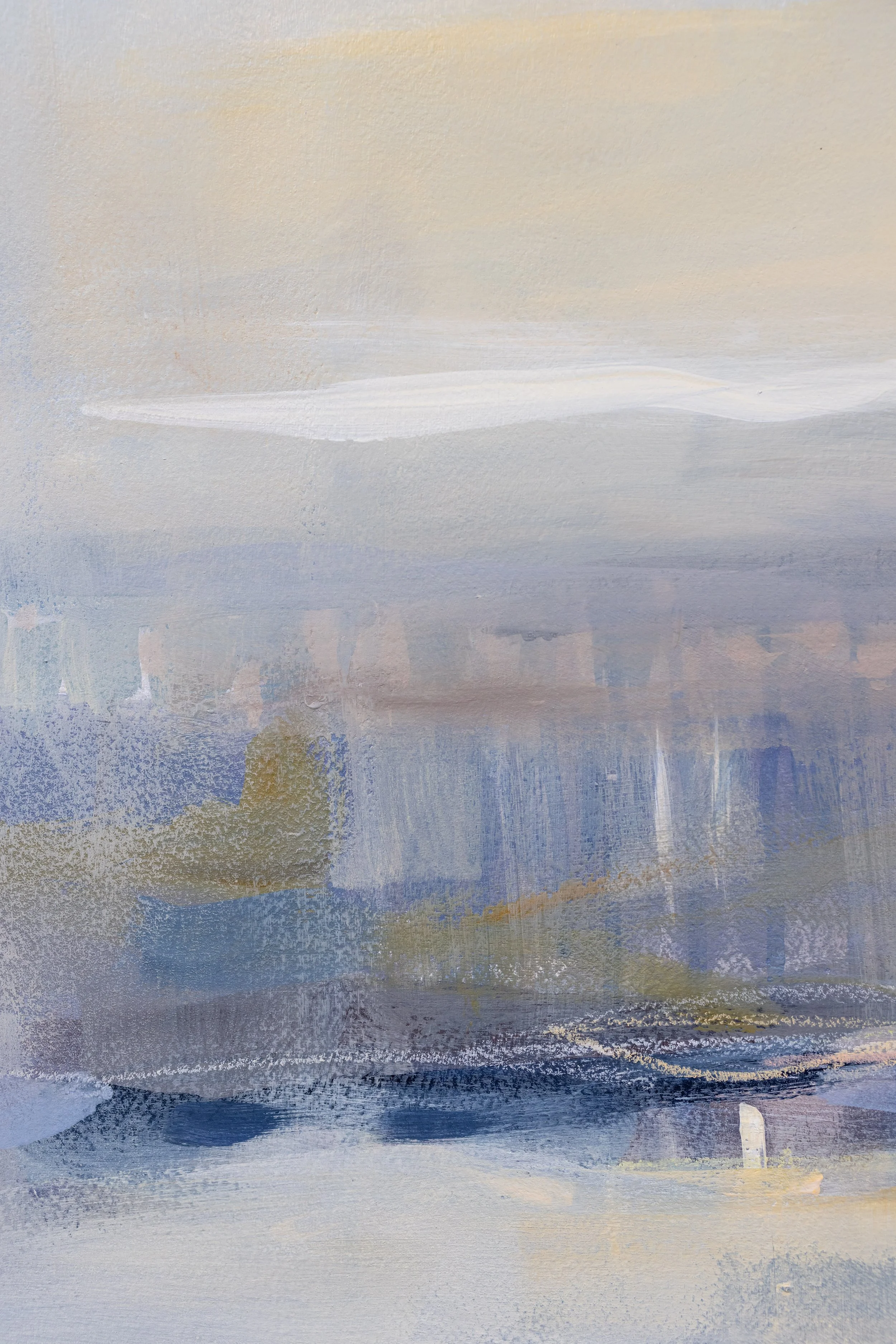 Original mixed media landscape painting by Asheville artist Cheyenne Trunnell depicting up close details of an early morning sunrise over the ocean, unframed, 37.5x45 inches.