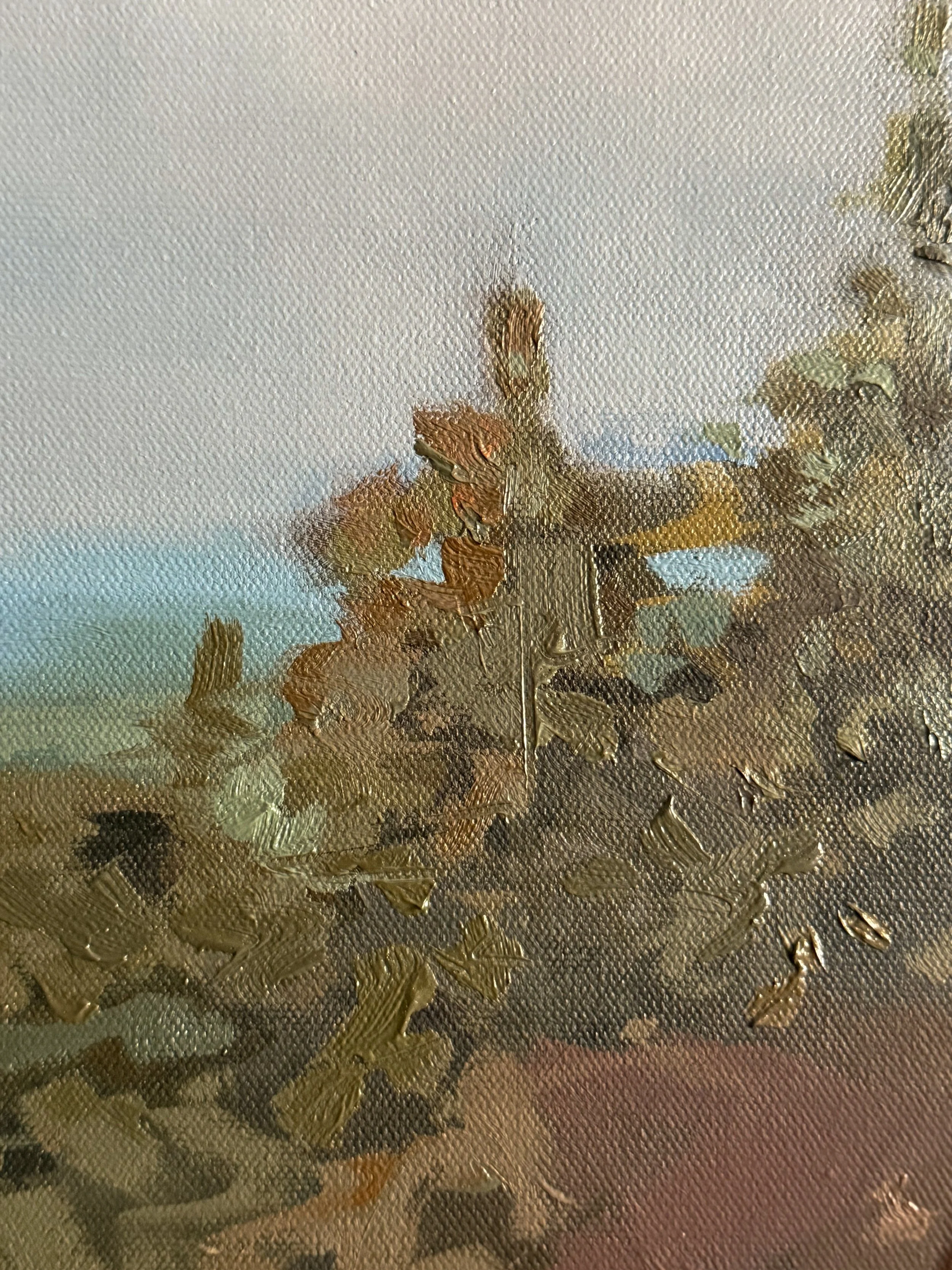 Original oil landscape painting by Asheville artist Cheyenne Trunnell depicting the up close details of dusk settling over the North Carolina mountains, framed, 40x40 inches.