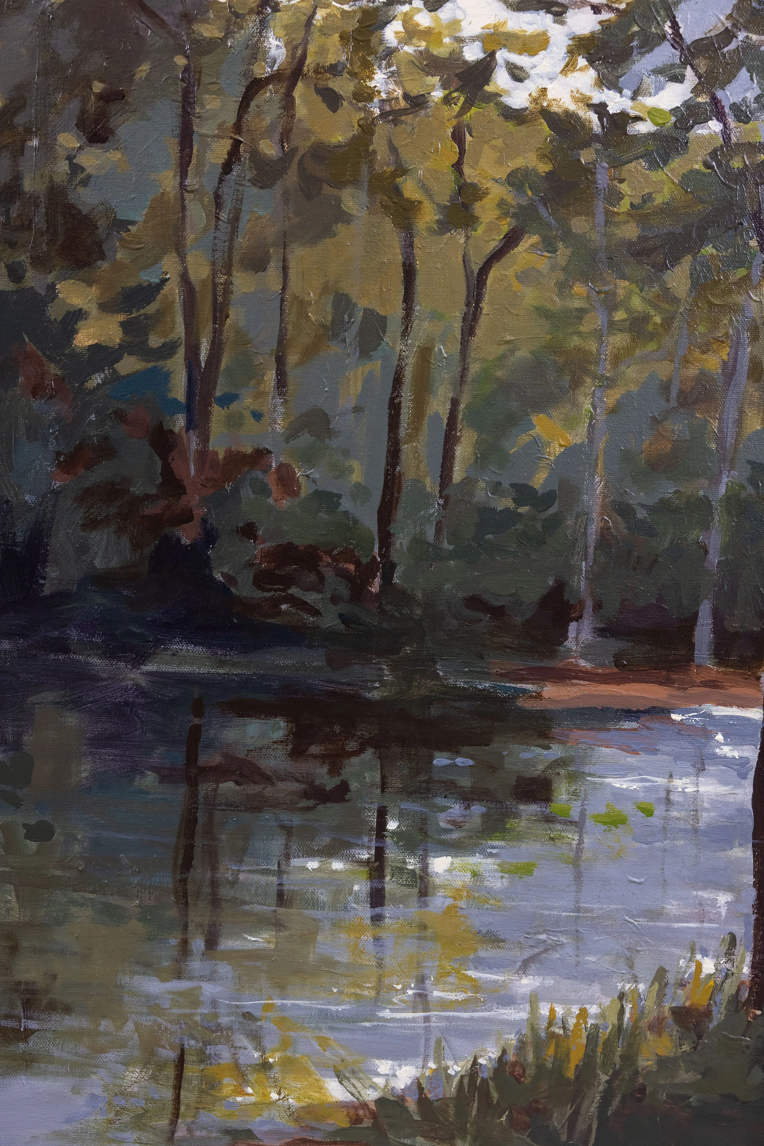 Detail of Light Upon the Water by Cheyenne Trunnell, showing expressive green, gold, and blue-gray brushwork through the treetops.