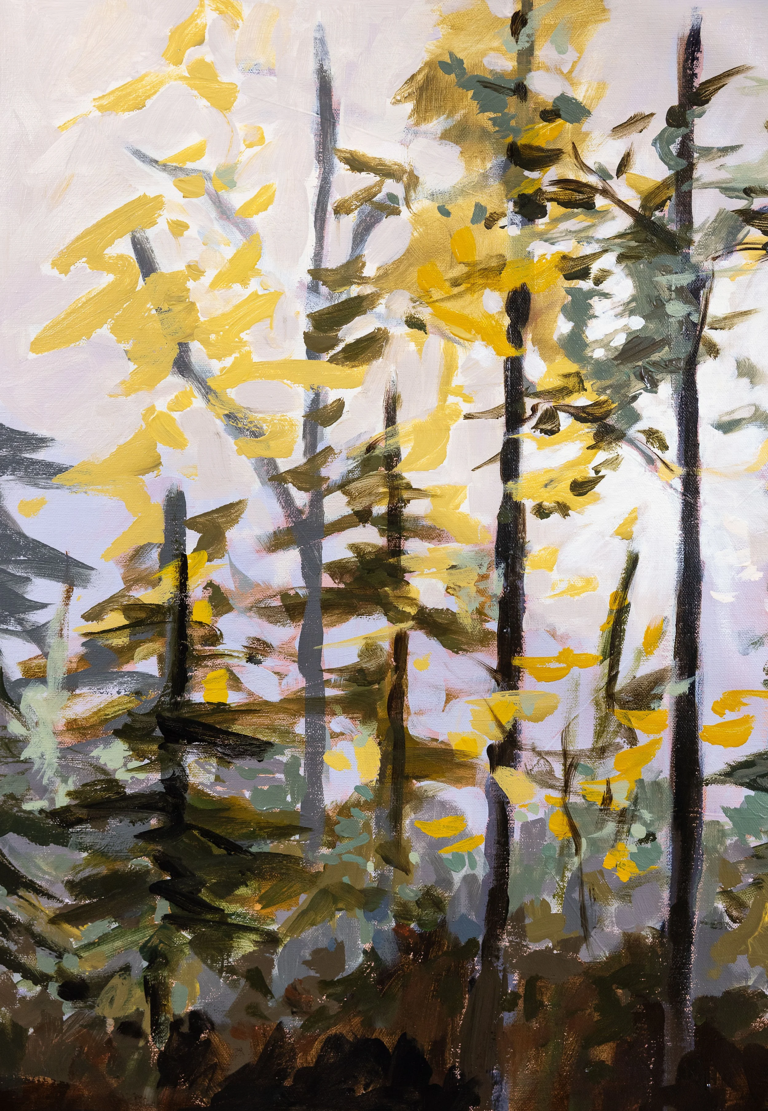 Detail of original oil landscape painting highlighting the forest floor, stream bank, and reflected light, rendered with loose brushstrokes and natural textures.